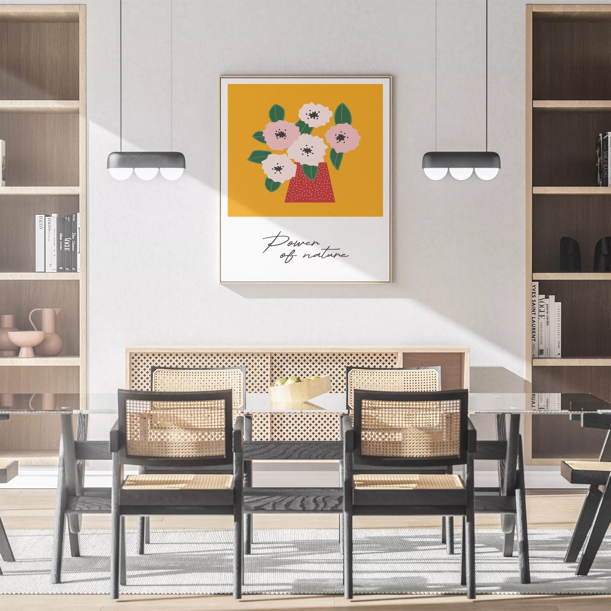 北欧デザインの花瓶とピンクの花のボタニカルアートポスター オレンジ背景 ポップカラー