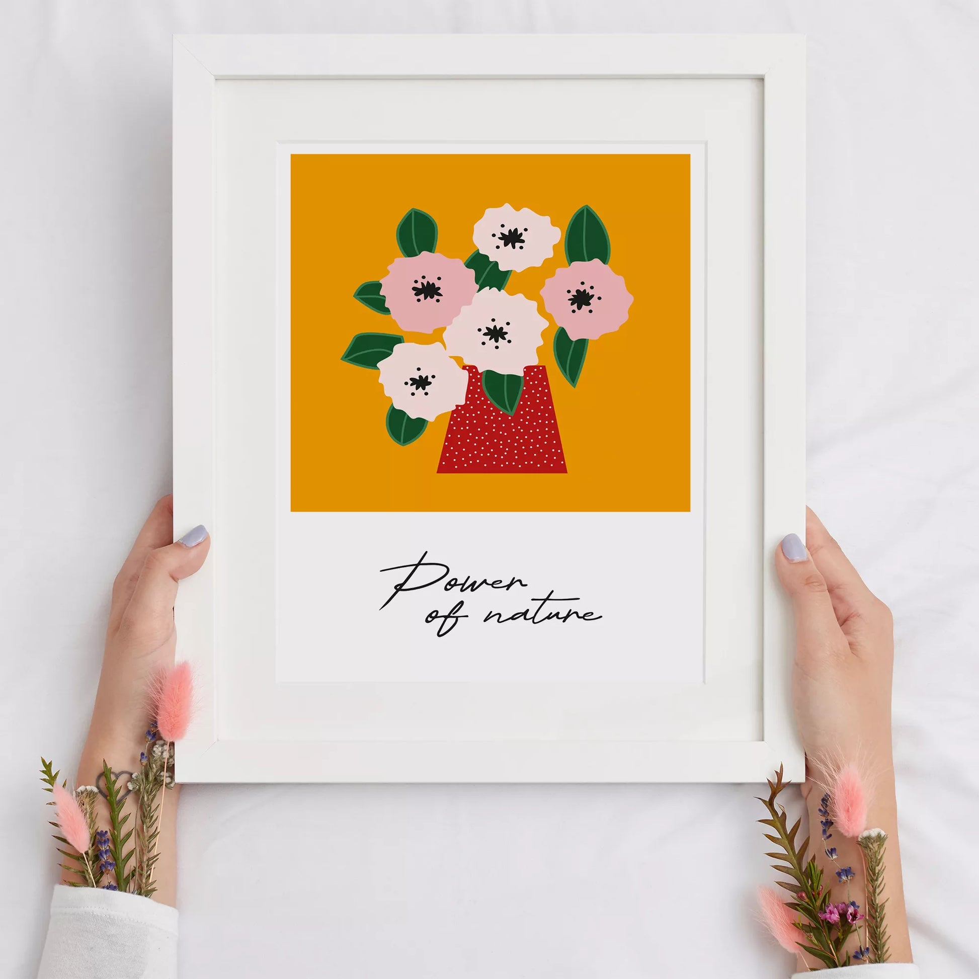 北欧デザインの花瓶とピンクの花のボタニカルアートポスター オレンジ背景 ポップカラー