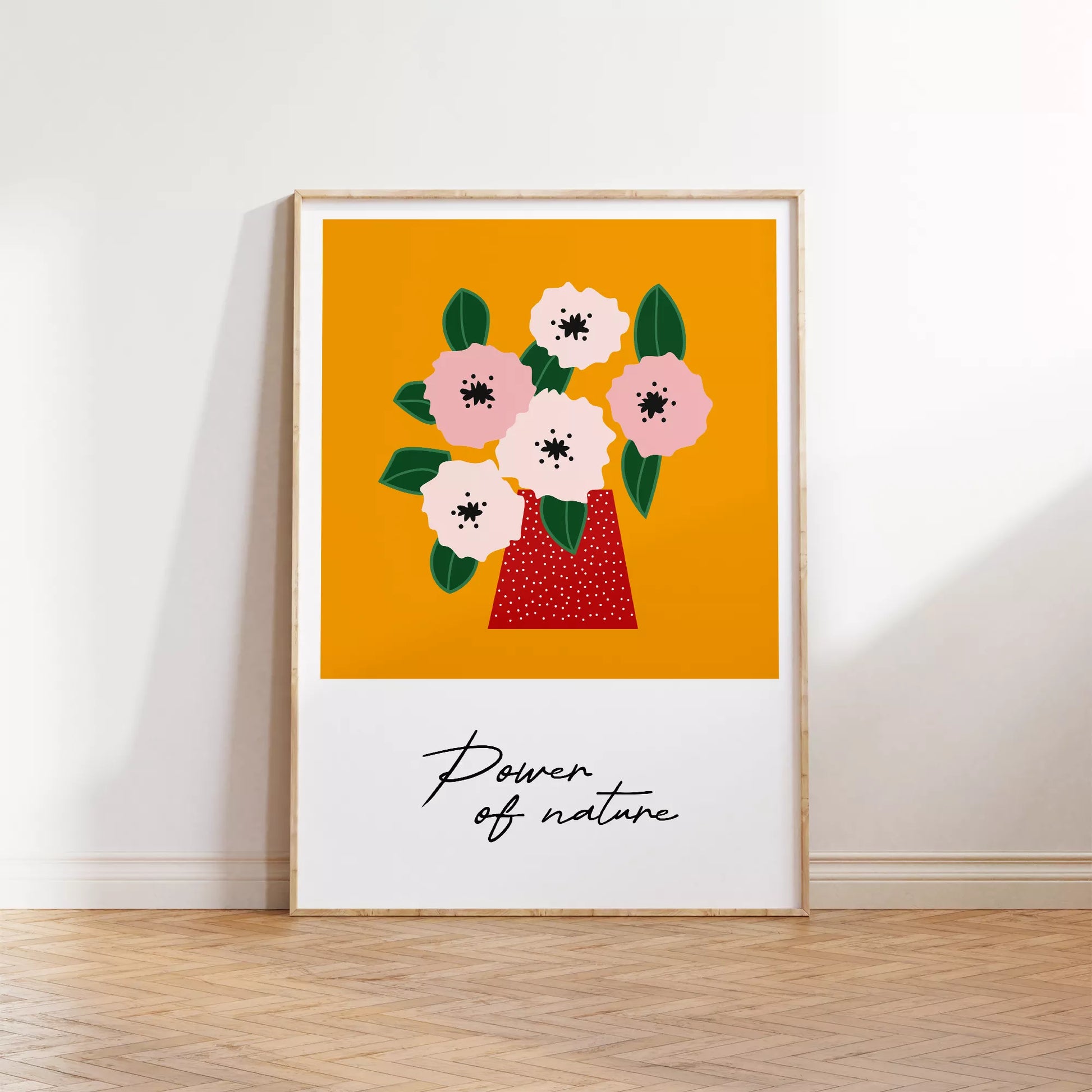 北欧デザインの花瓶とピンクの花のボタニカルアートポスター オレンジ背景 ポップカラー