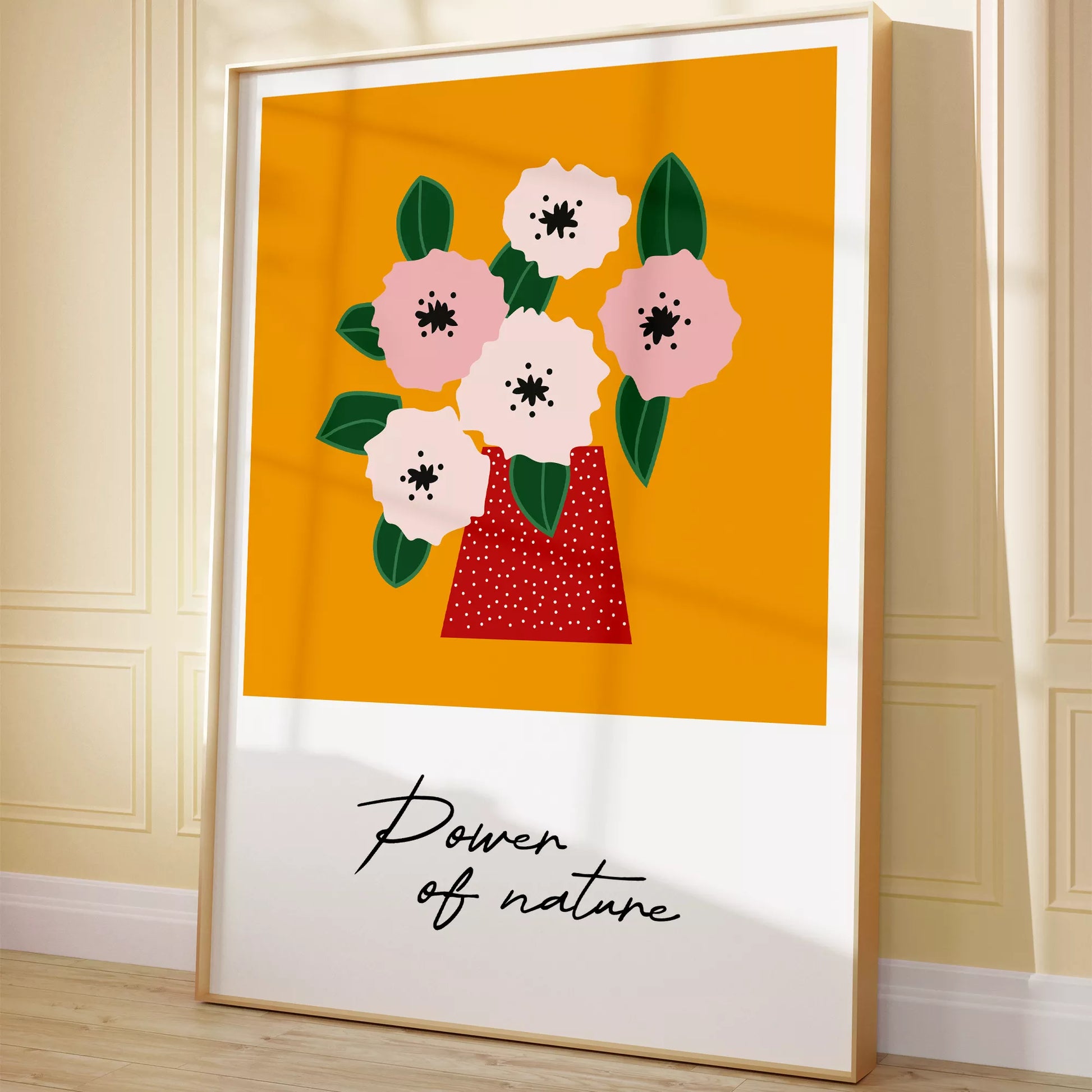 北欧デザインの花瓶とピンクの花のボタニカルアートポスター オレンジ背景 ポップカラー