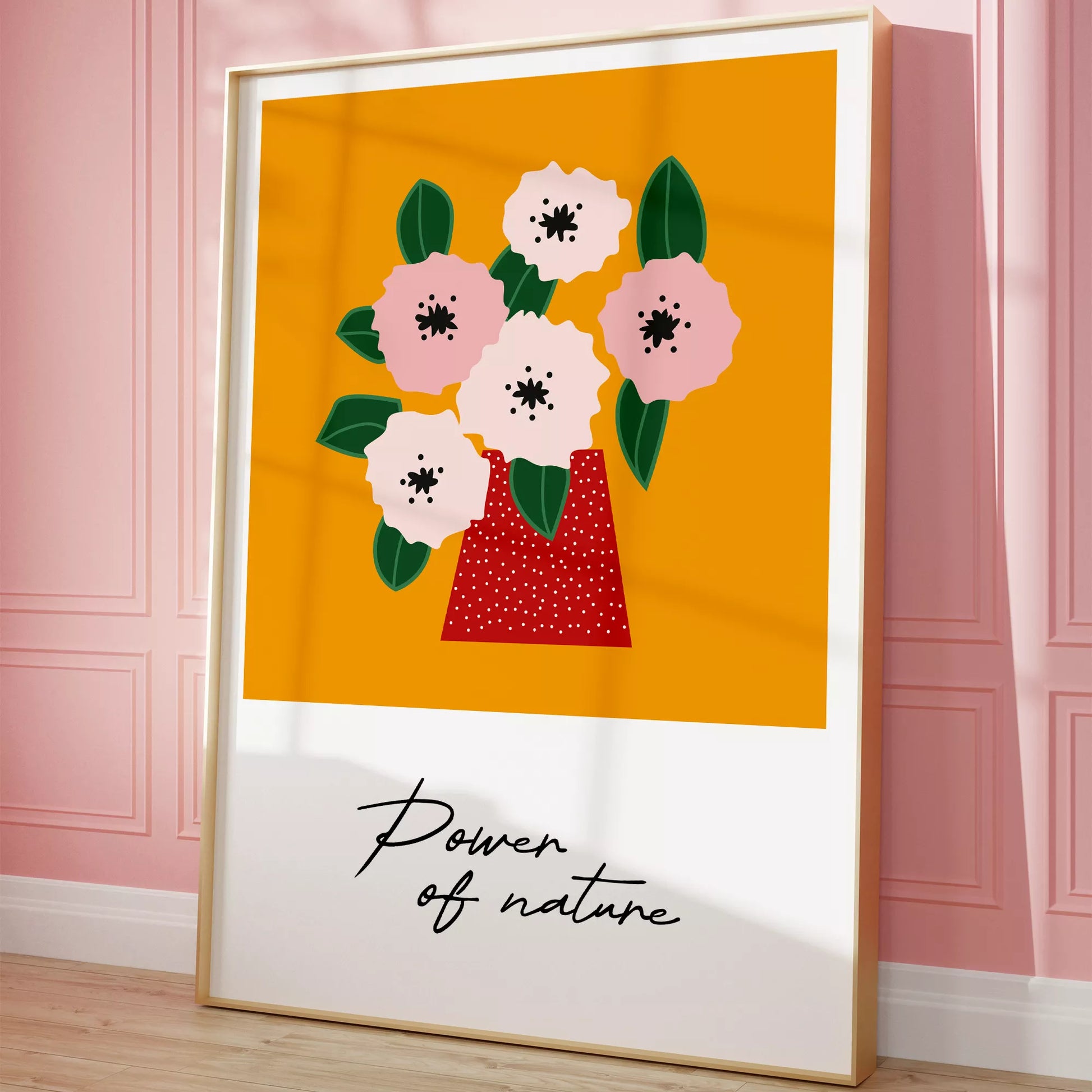 北欧デザインの花瓶とピンクの花のボタニカルアートポスター オレンジ背景 ポップカラー