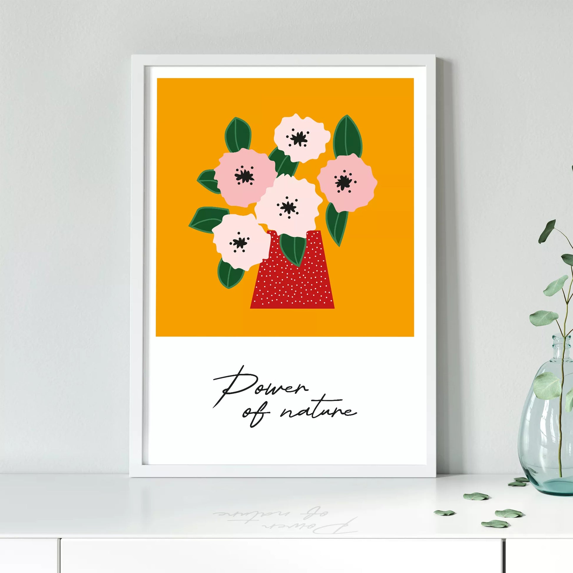 北欧デザインの花瓶とピンクの花のボタニカルアートポスター オレンジ背景 ポップカラー