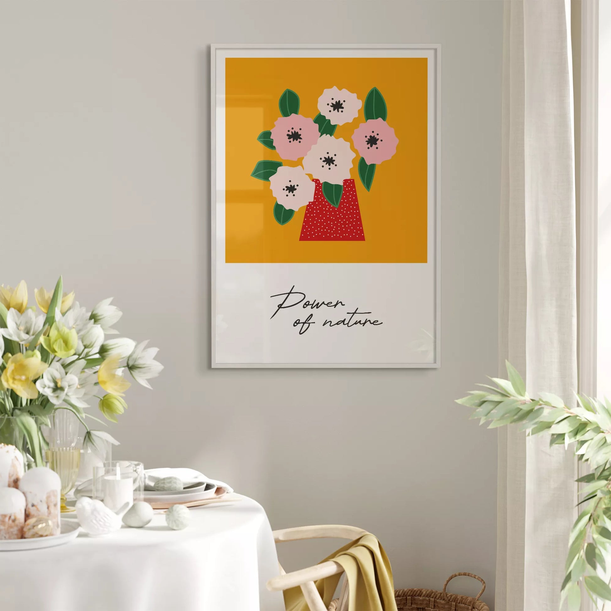 北欧デザインの花瓶とピンクの花のボタニカルアートポスター オレンジ背景 ポップカラー