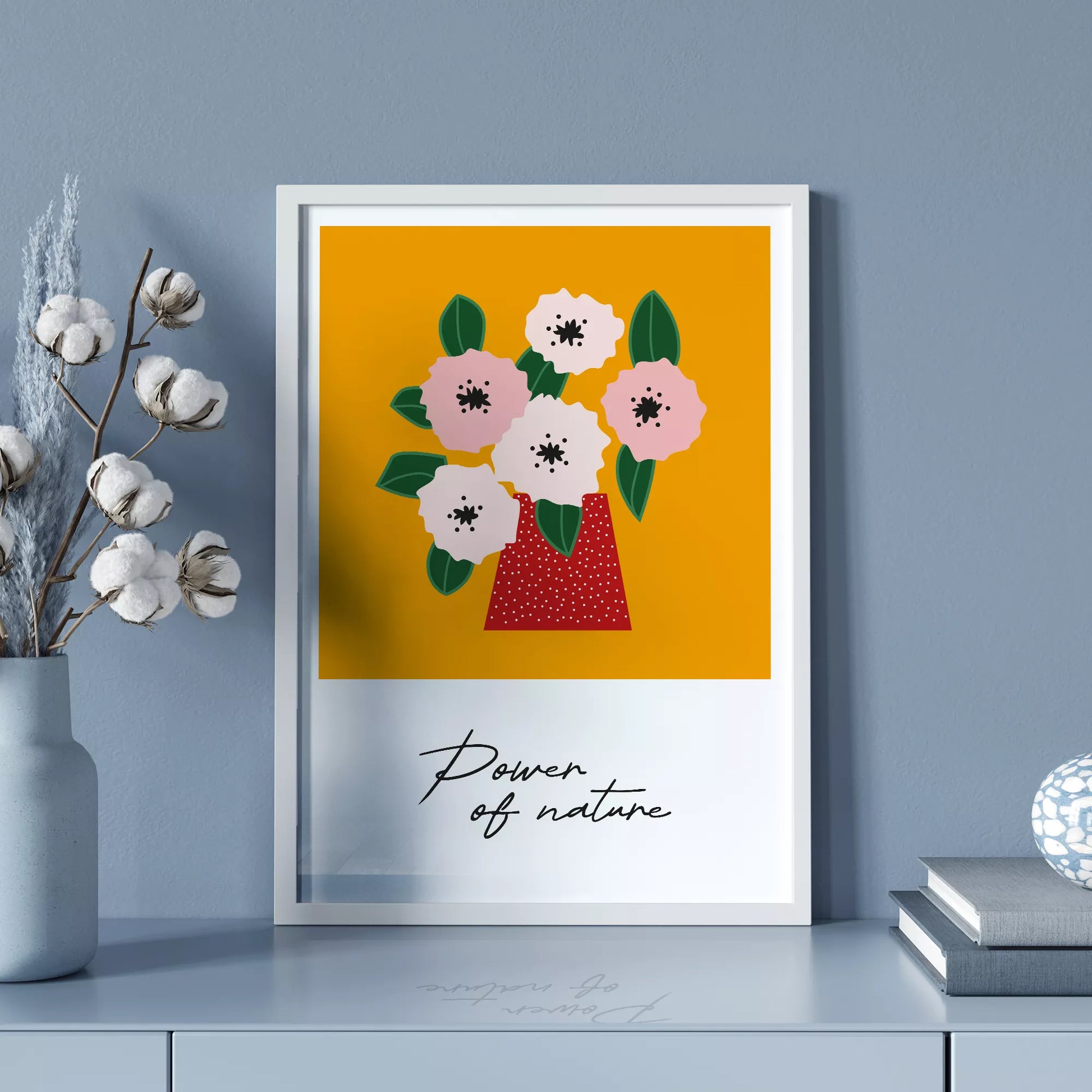 北欧デザインの花瓶とピンクの花のボタニカルアートポスター オレンジ背景 ポップカラー