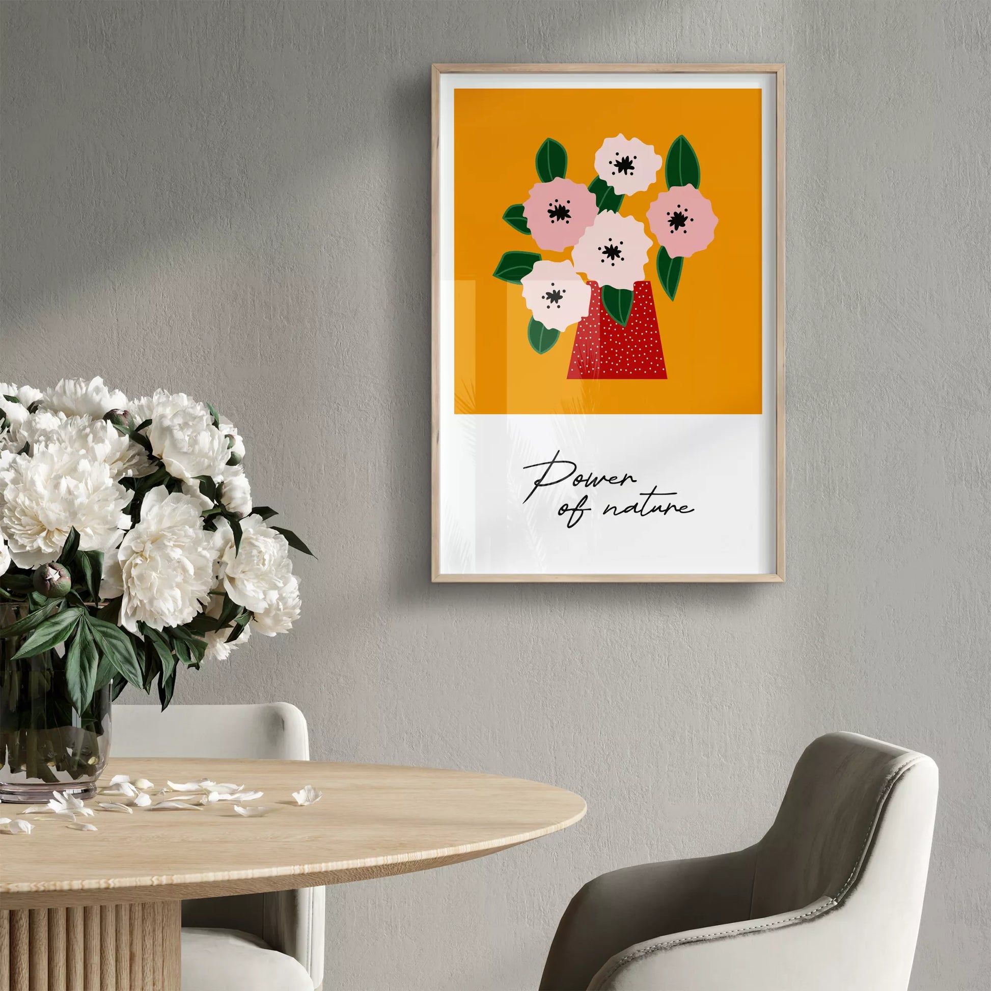 北欧デザインの花瓶とピンクの花のボタニカルアートポスター オレンジ背景 ポップカラー
