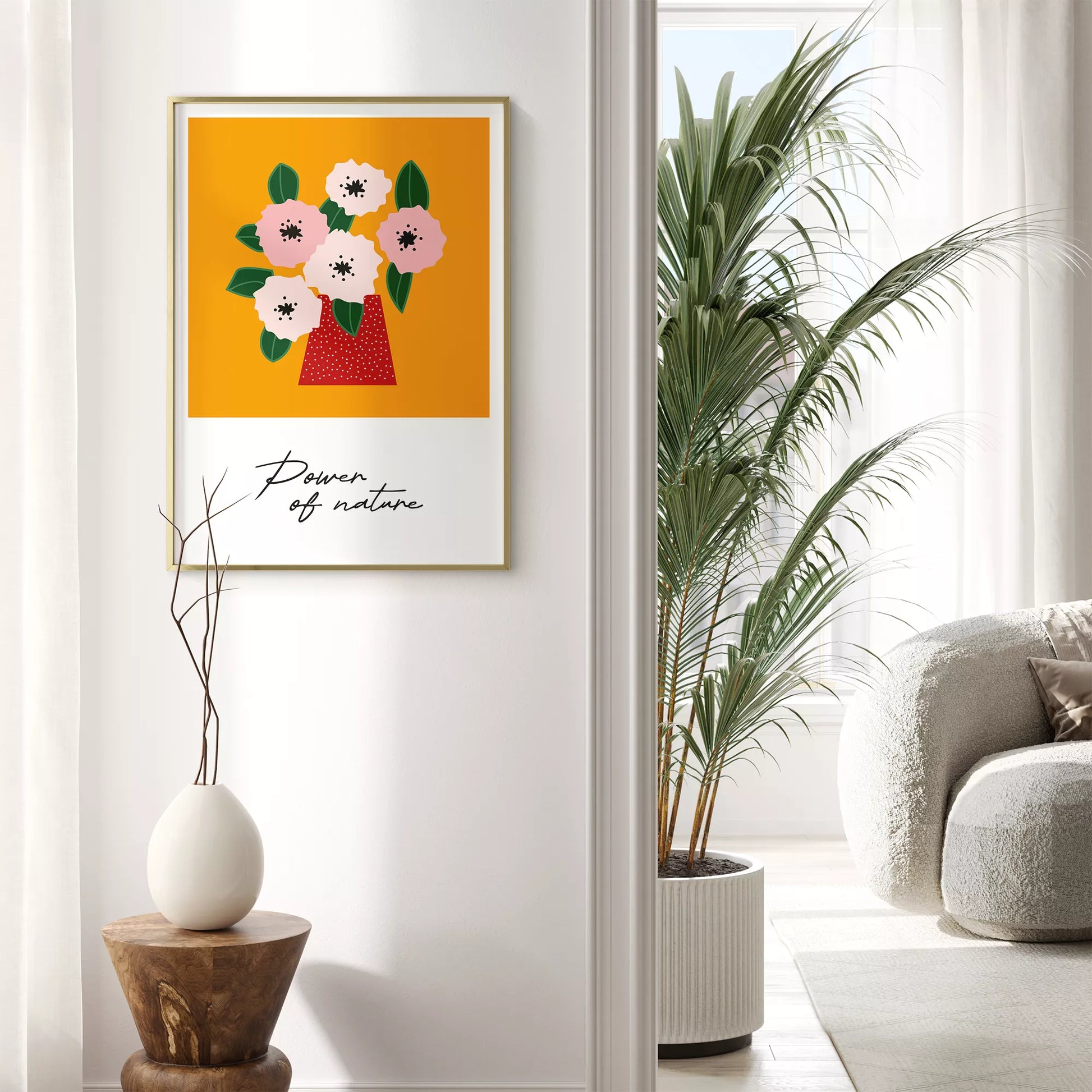 北欧デザインの花瓶とピンクの花のボタニカルアートポスター オレンジ背景 ポップカラー