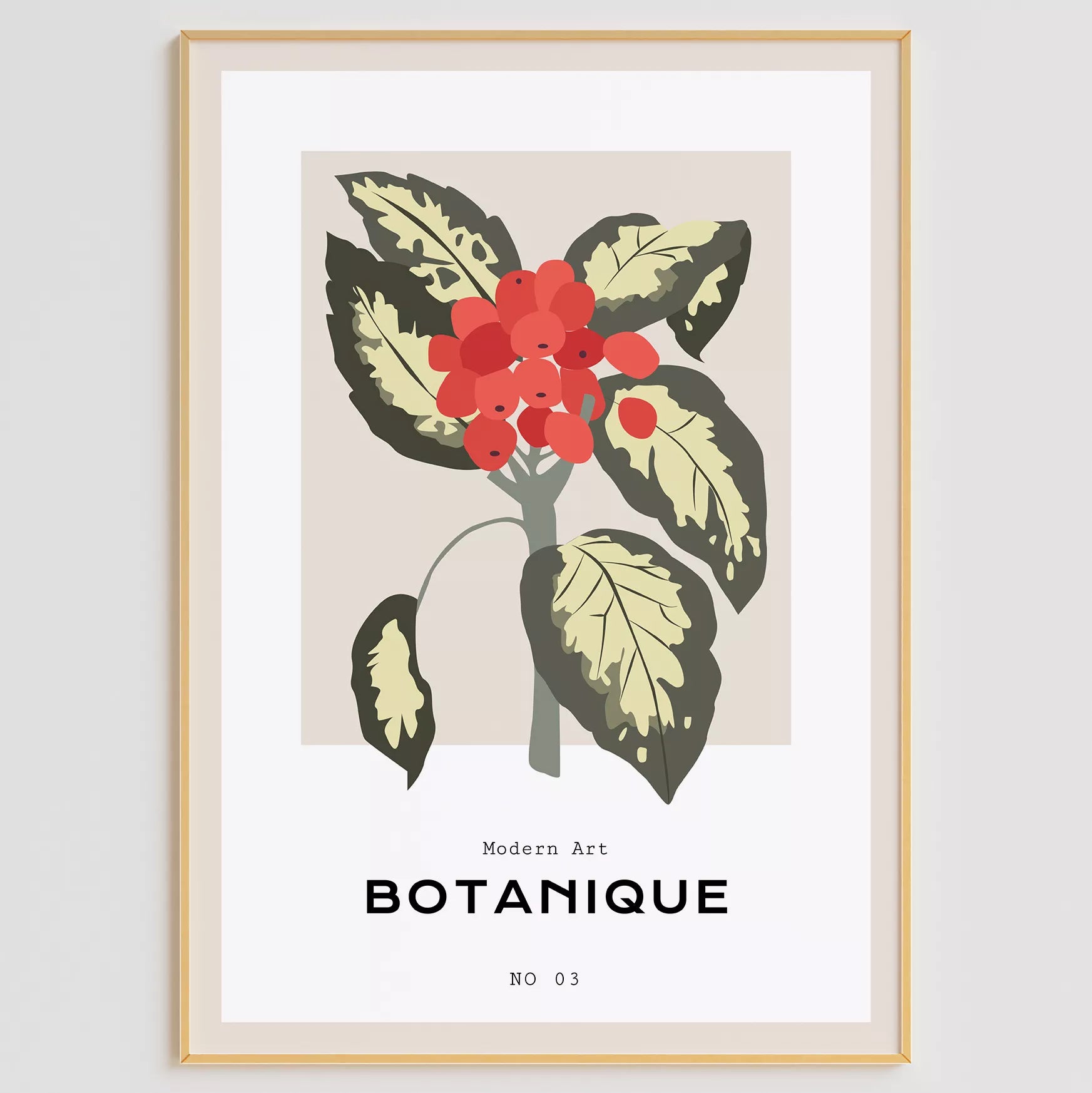 北欧デザインの赤い実ボタニカルアートポスター ベージュ背景 モダンインテリア