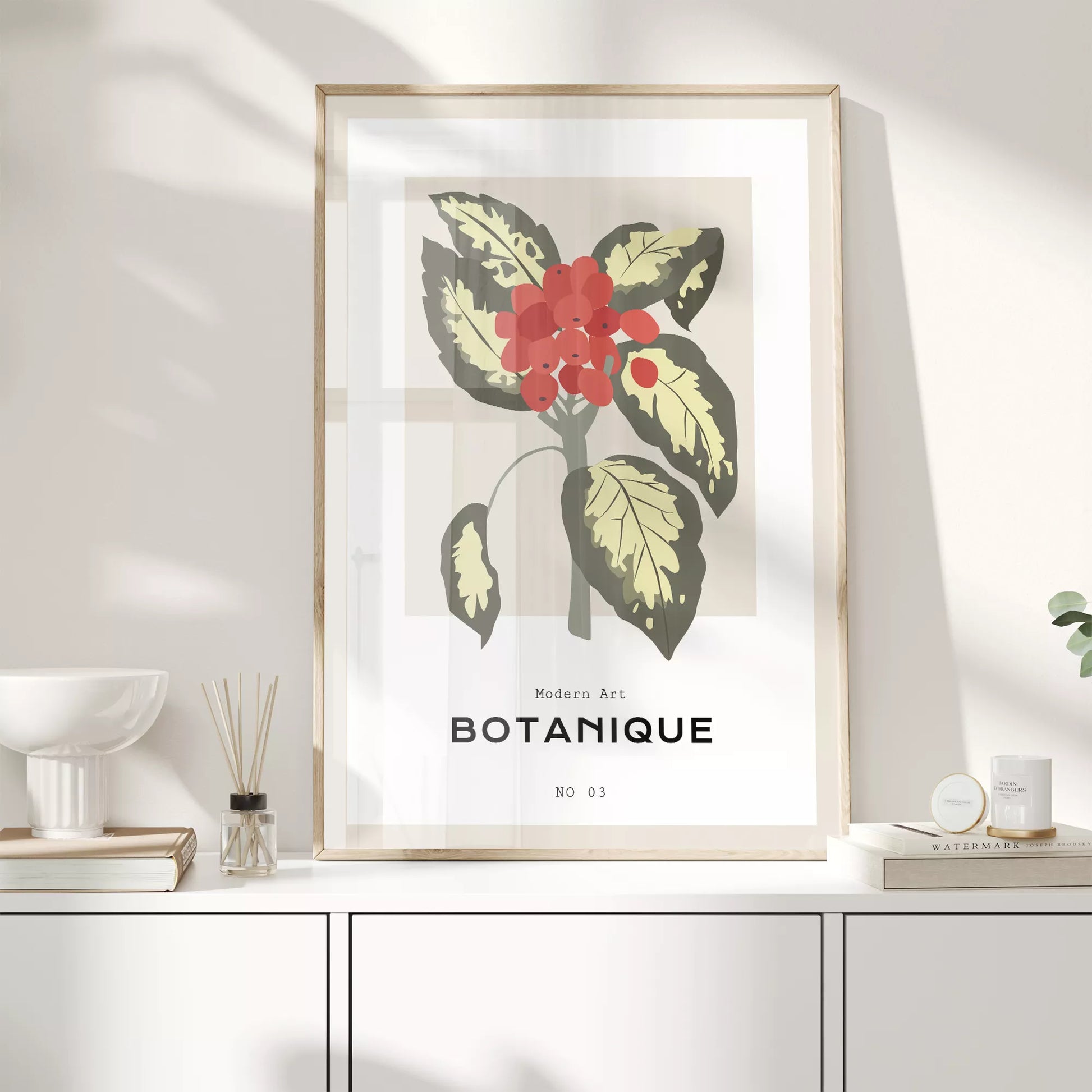 北欧デザインの赤い実ボタニカルアートポスター ベージュ背景 モダンインテリア