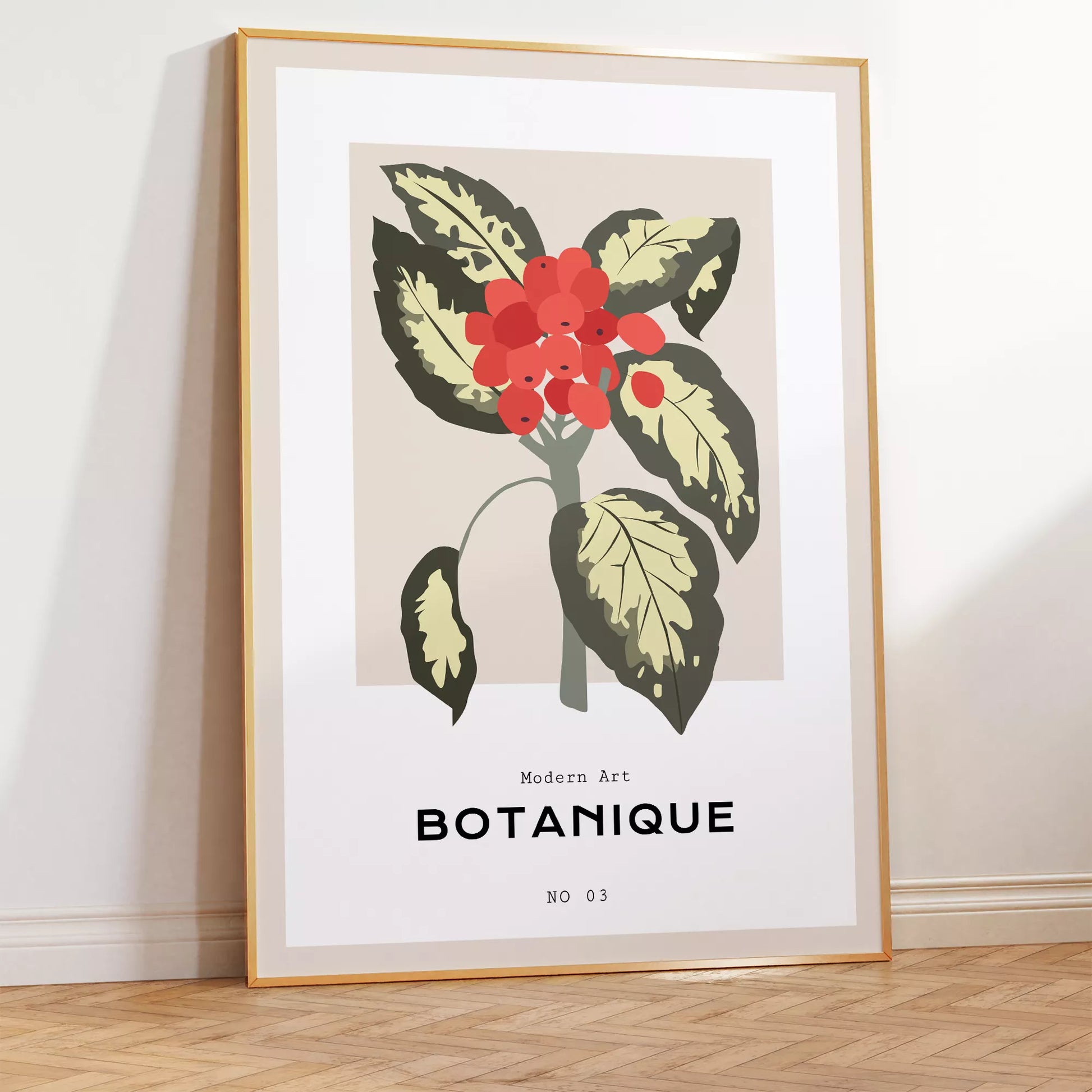 北欧デザインの赤い実ボタニカルアートポスター ベージュ背景 モダンインテリア