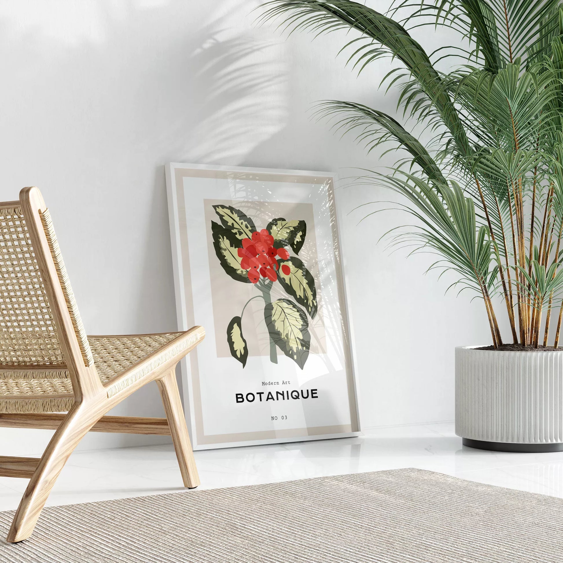 北欧デザインの赤い実ボタニカルアートポスター ベージュ背景 モダンインテリア