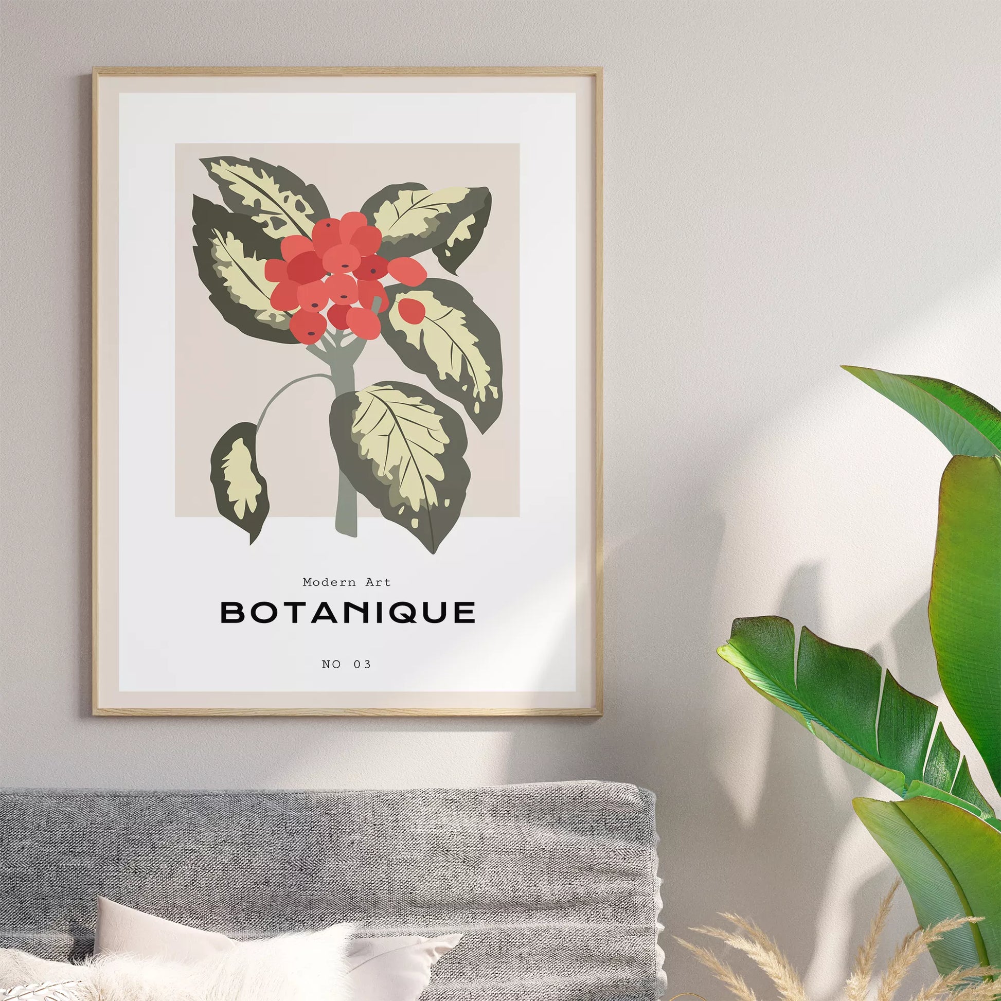 北欧デザインの赤い実ボタニカルアートポスター ベージュ背景 モダンインテリア