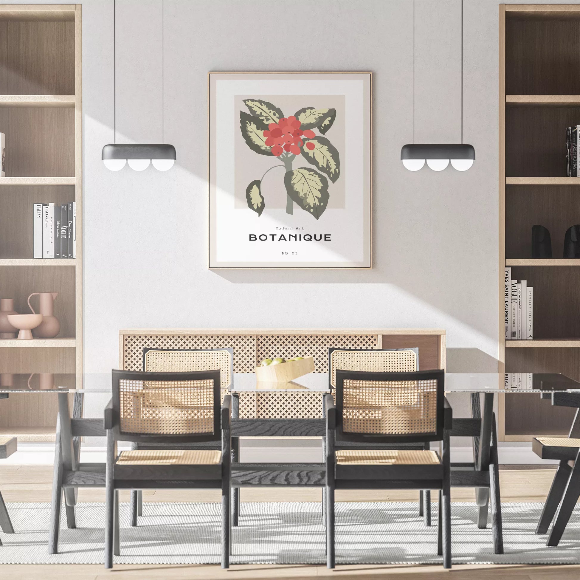 北欧デザインの赤い実ボタニカルアートポスター ベージュ背景 モダンインテリア