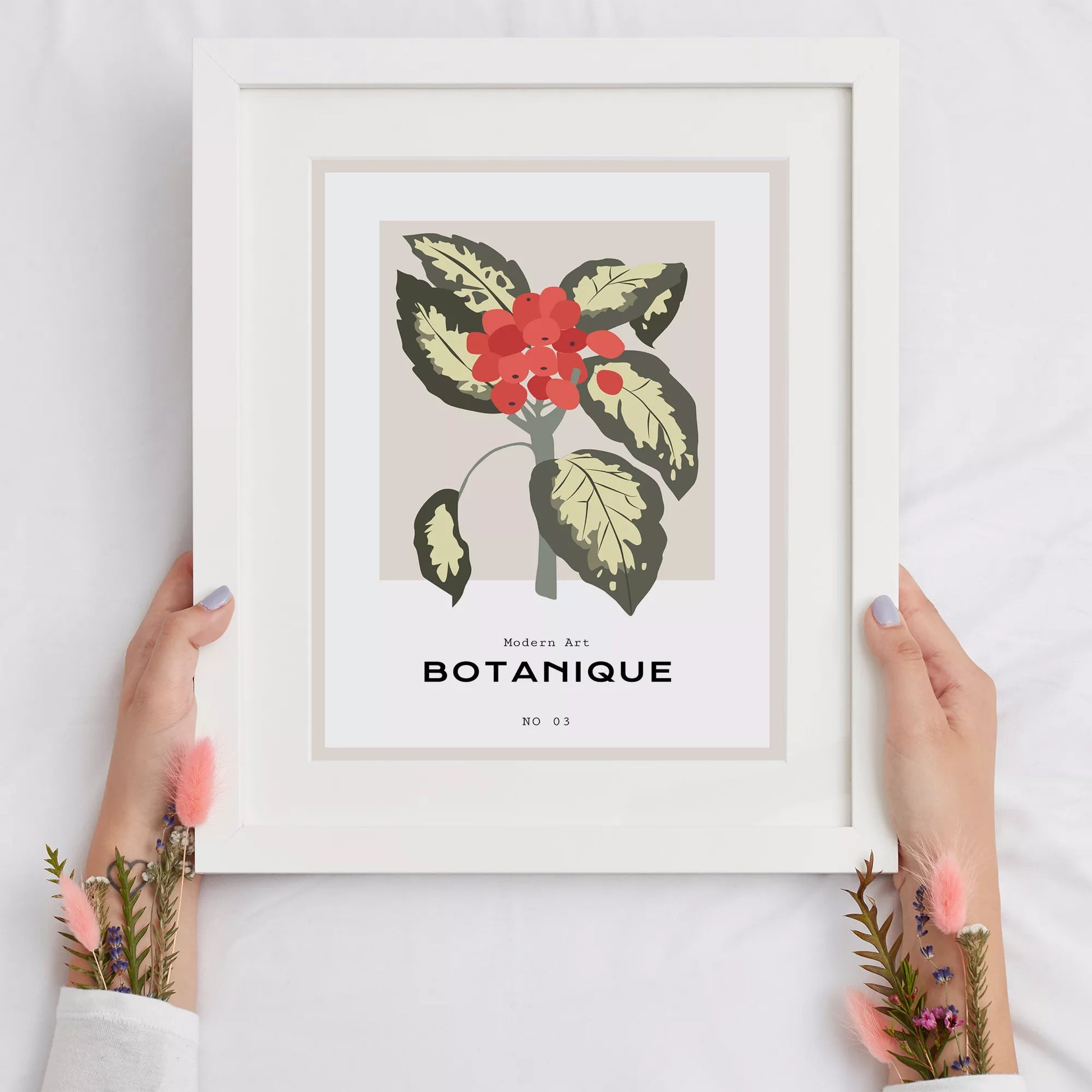 北欧デザインの赤い実ボタニカルアートポスター ベージュ背景 モダンインテリア