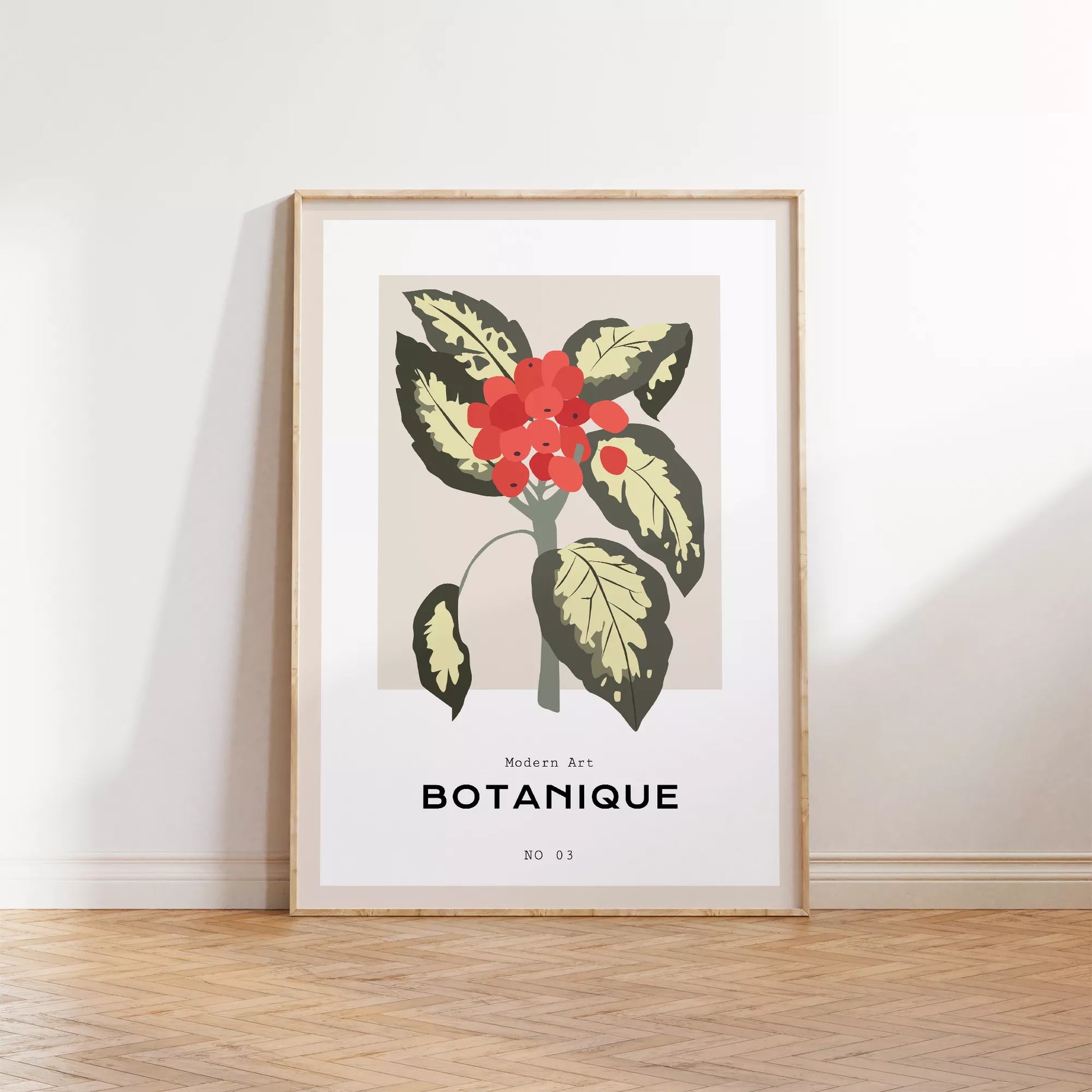 北欧デザインの赤い実ボタニカルアートポスター ベージュ背景 モダンインテリア