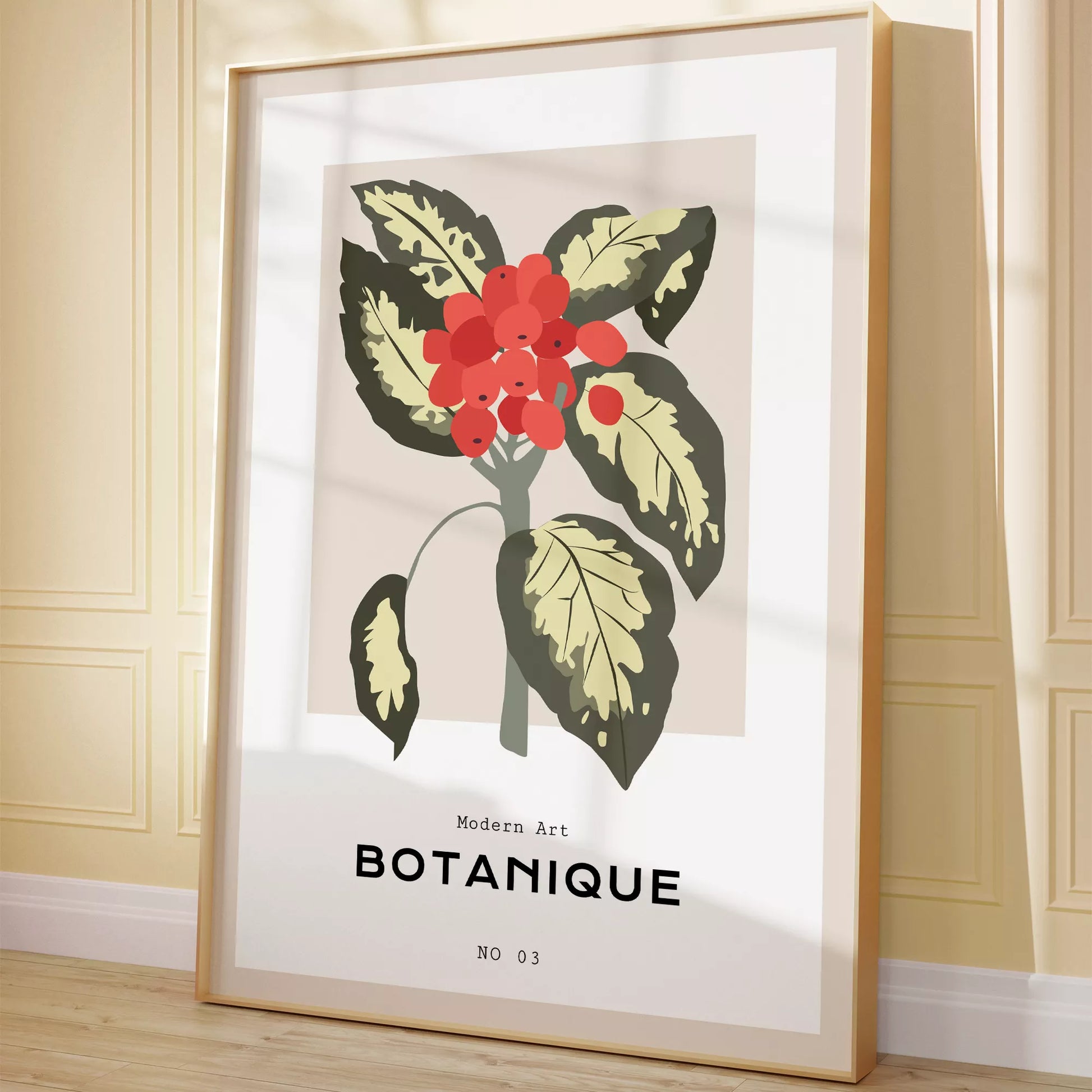 北欧デザインの赤い実ボタニカルアートポスター ベージュ背景 モダンインテリア