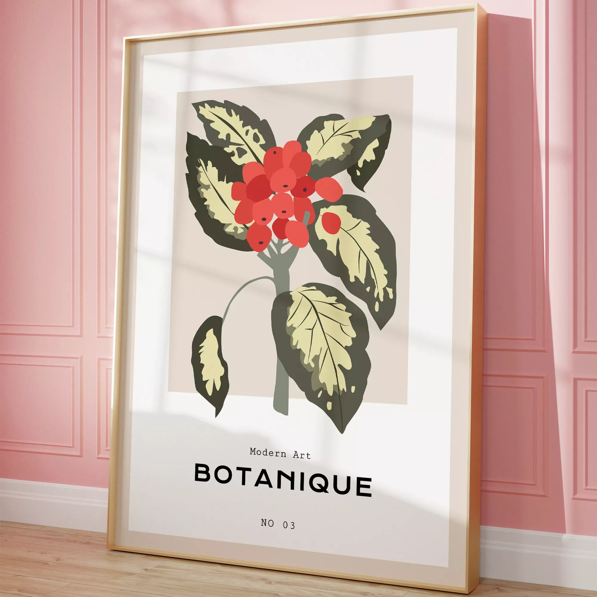 北欧デザインの赤い実ボタニカルアートポスター ベージュ背景 モダンインテリア