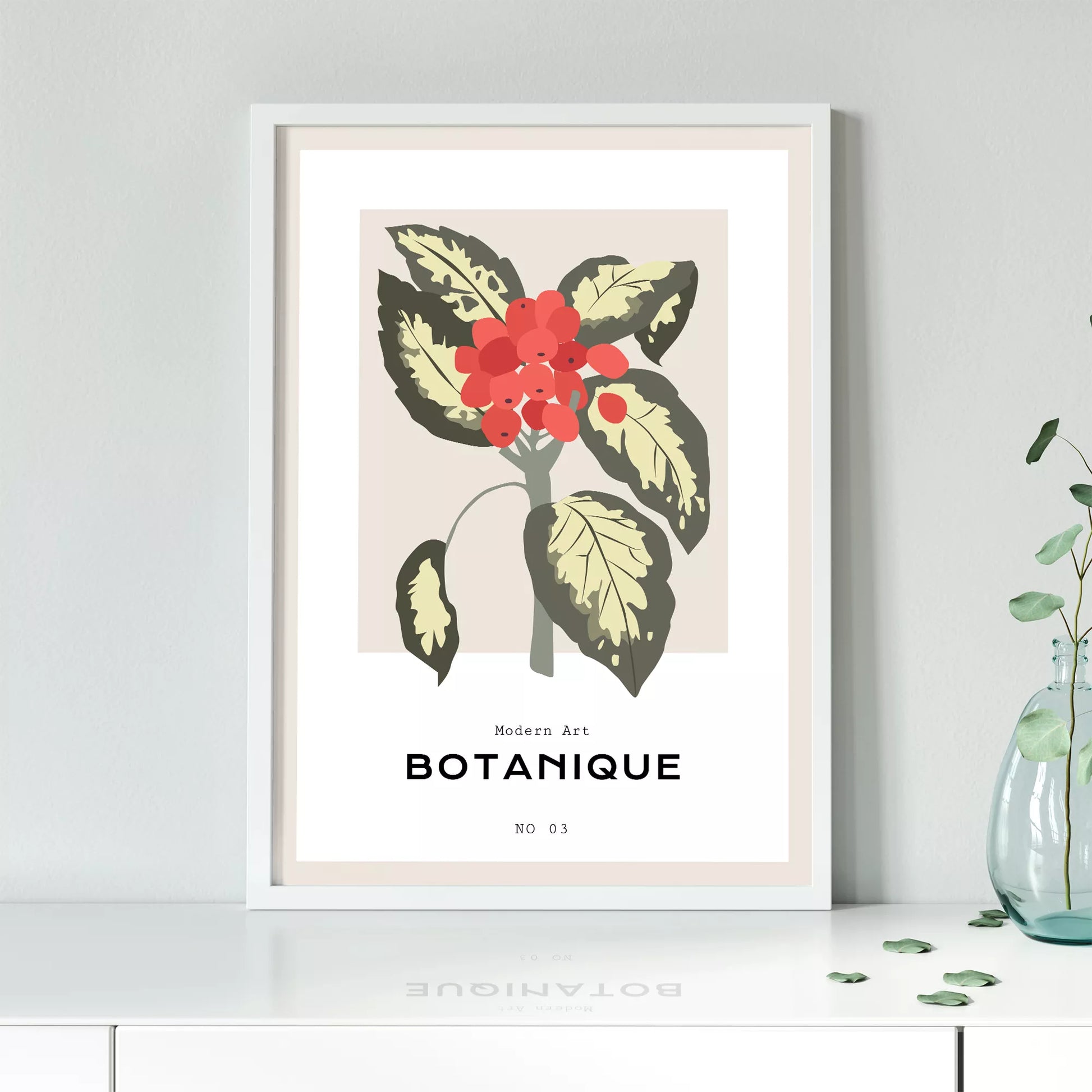 北欧デザインの赤い実ボタニカルアートポスター ベージュ背景 モダンインテリア
