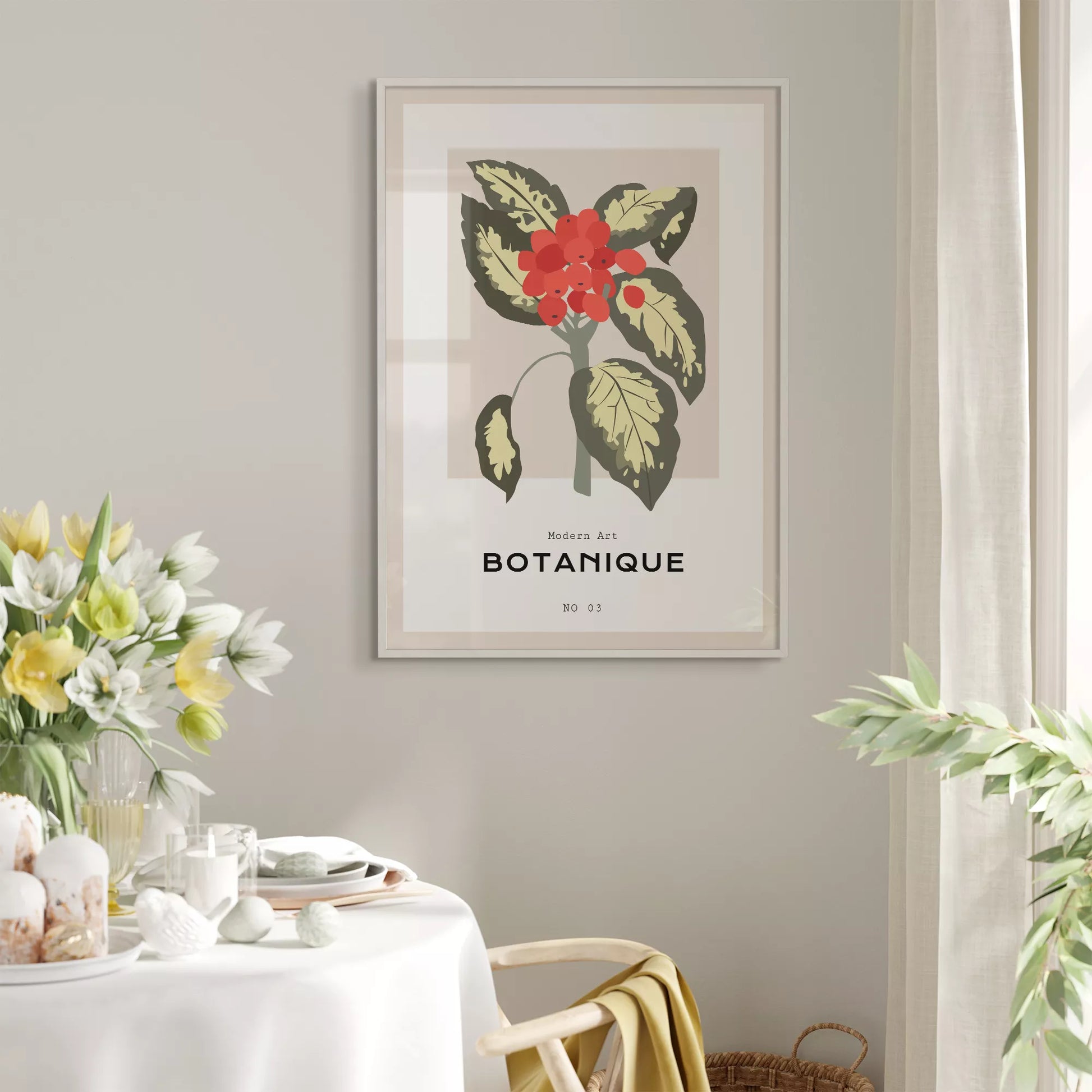 北欧デザインの赤い実ボタニカルアートポスター ベージュ背景 モダンインテリア