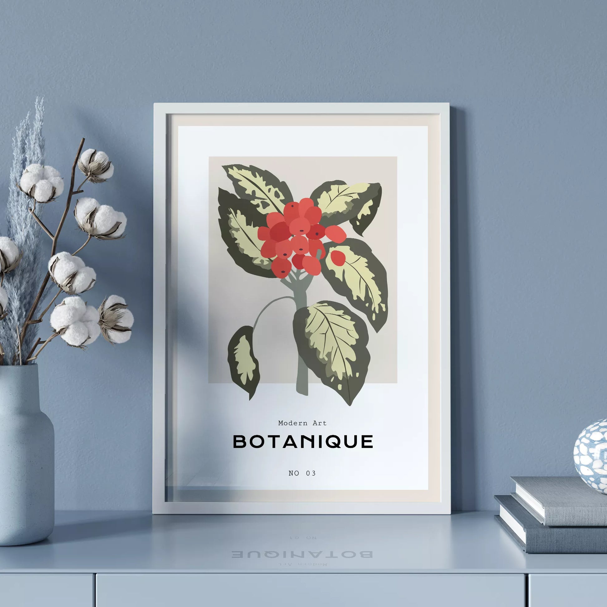 北欧デザインの赤い実ボタニカルアートポスター ベージュ背景 モダンインテリア