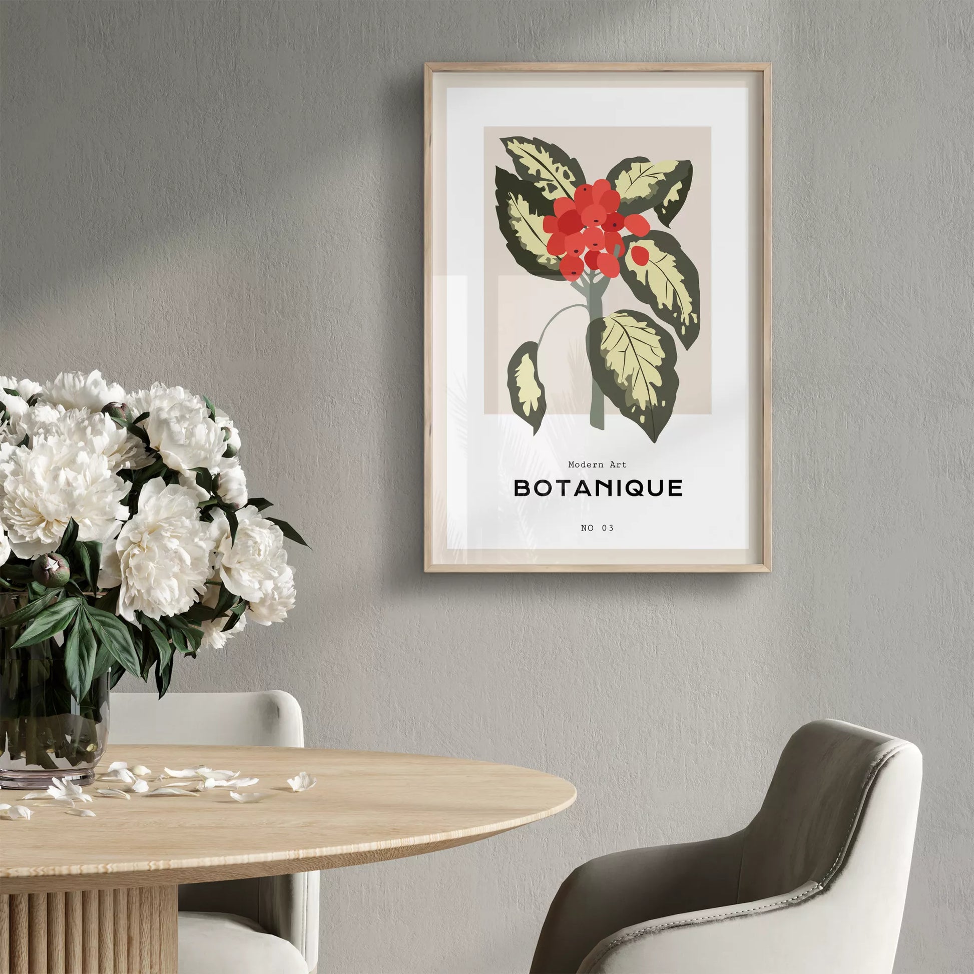 北欧デザインの赤い実ボタニカルアートポスター ベージュ背景 モダンインテリア