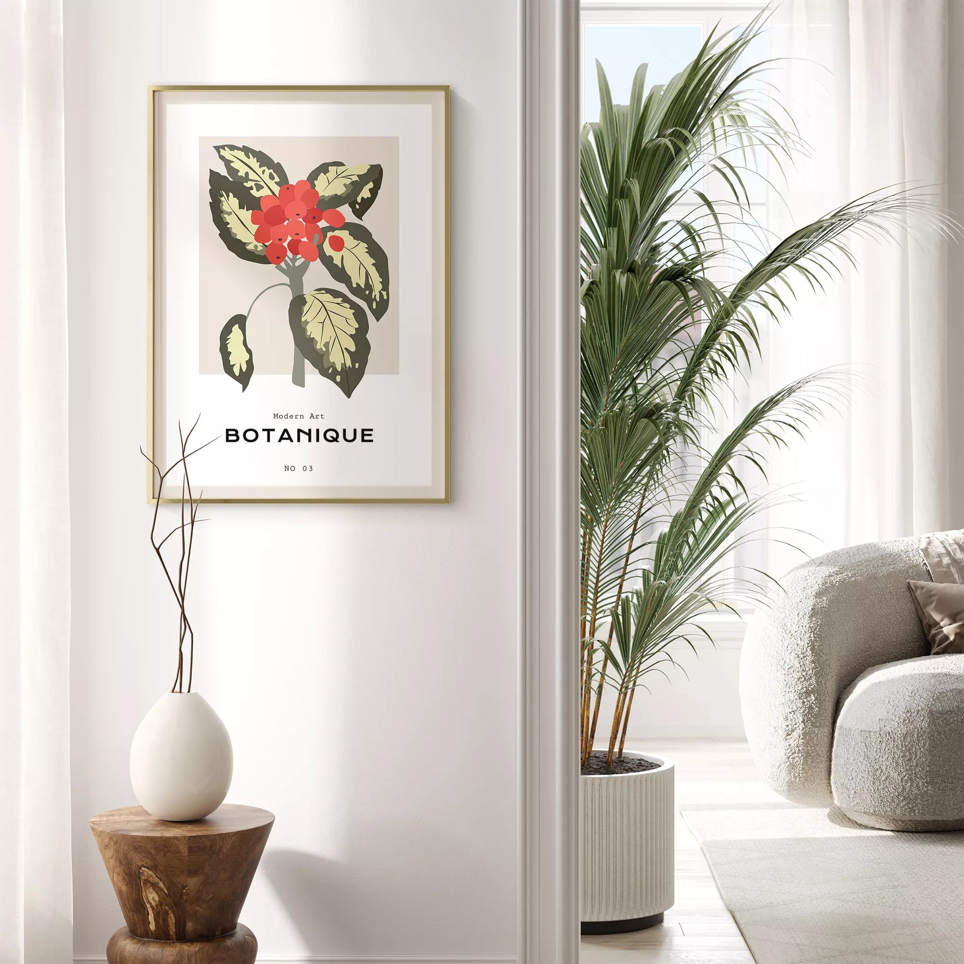 北欧デザインの赤い実ボタニカルアートポスター ベージュ背景 モダンインテリア