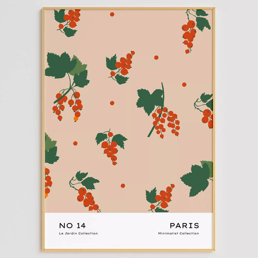 北欧デザインの赤いベリーと葉のボタニカルアートポスター パステルベージュ