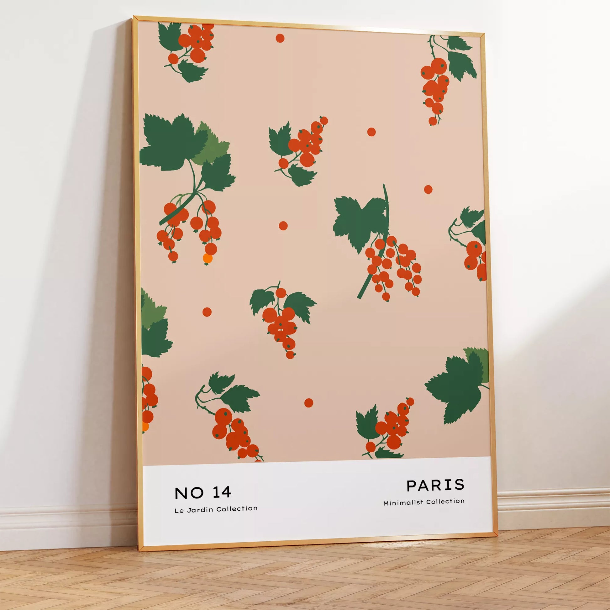 北欧デザインの赤いベリーと葉のボタニカルアートポスター パステルベージュ