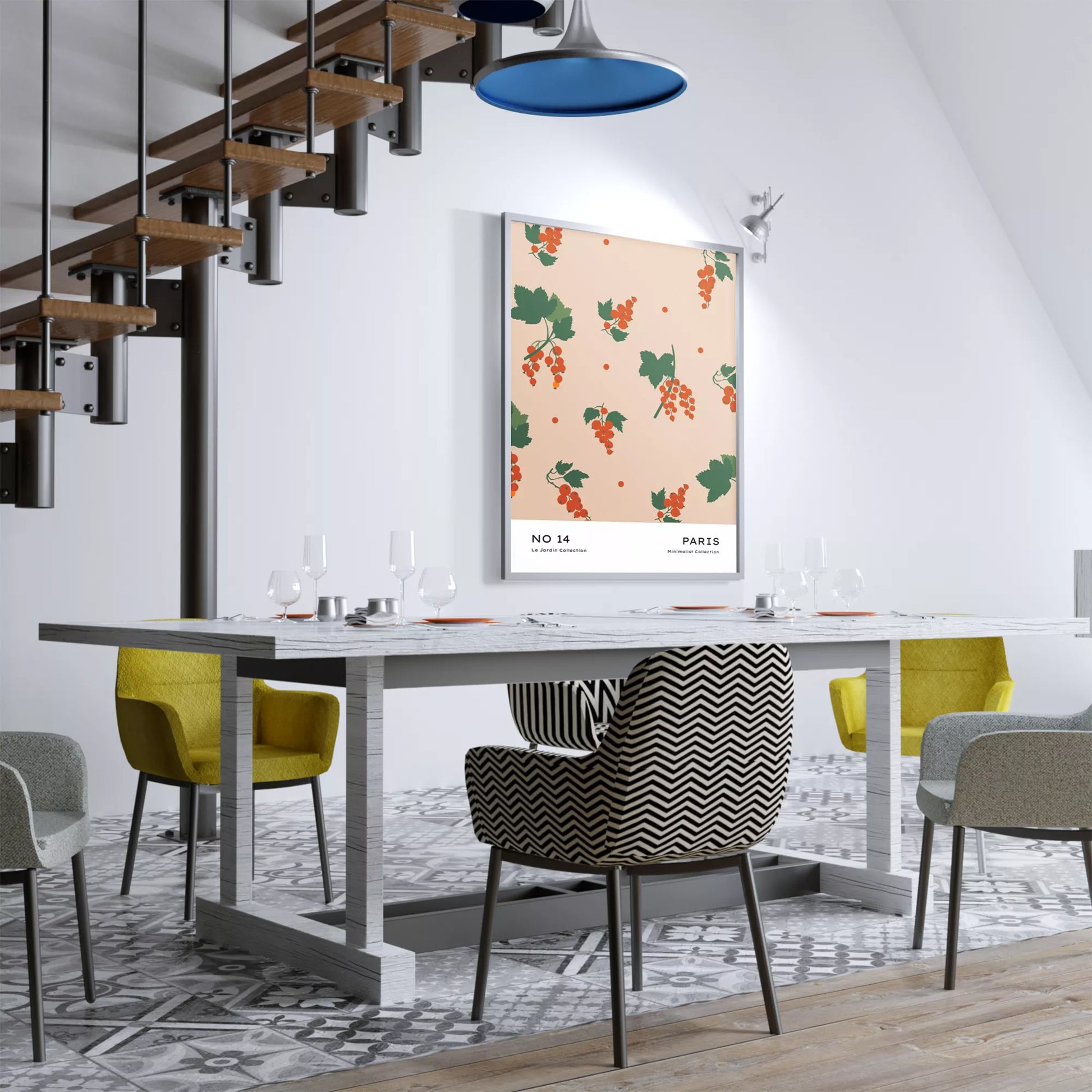 北欧デザインの赤いベリーと葉のボタニカルアートポスター パステルベージュ