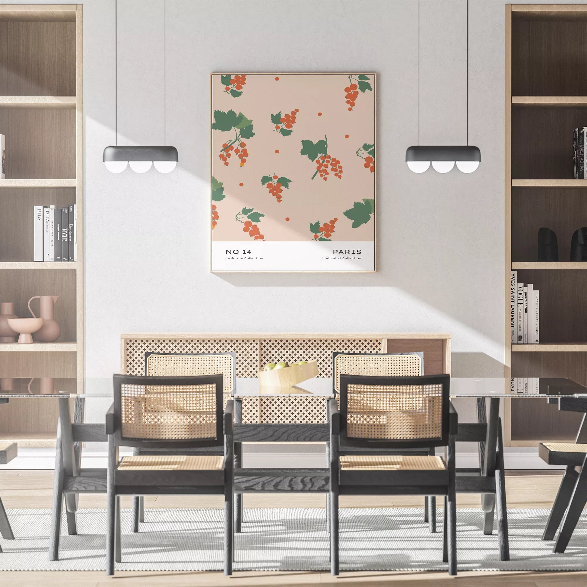 北欧デザインの赤いベリーと葉のボタニカルアートポスター パステルベージュ