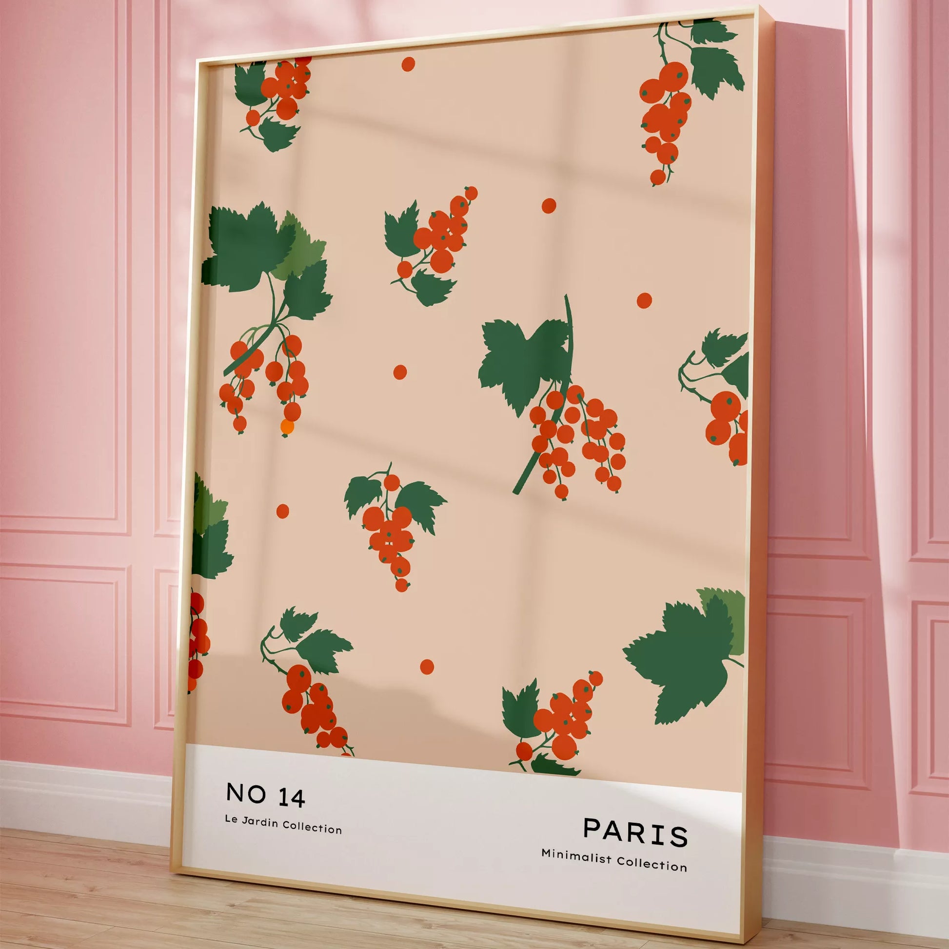 北欧デザインの赤いベリーと葉のボタニカルアートポスター パステルベージュ