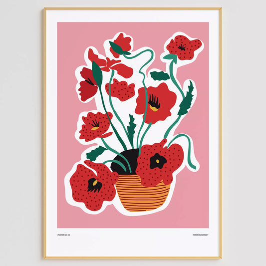北欧デザインの赤い花ボタニカルアートポスター ピンク背景 ポップモダン