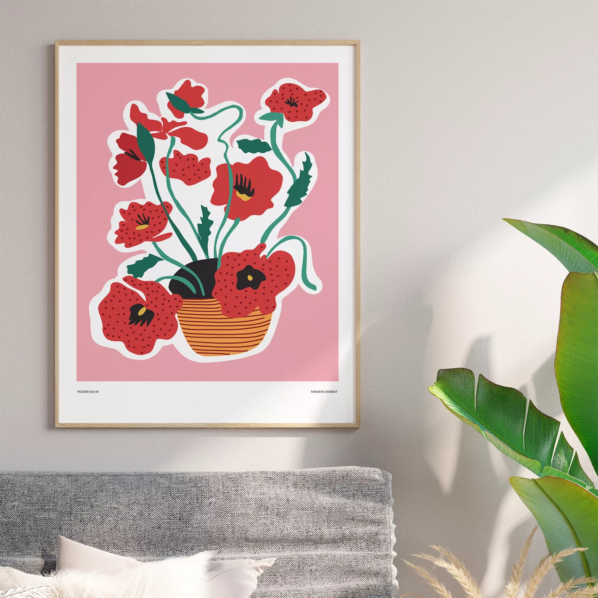 北欧デザインの赤い花ボタニカルアートポスター ピンク背景 ポップモダン