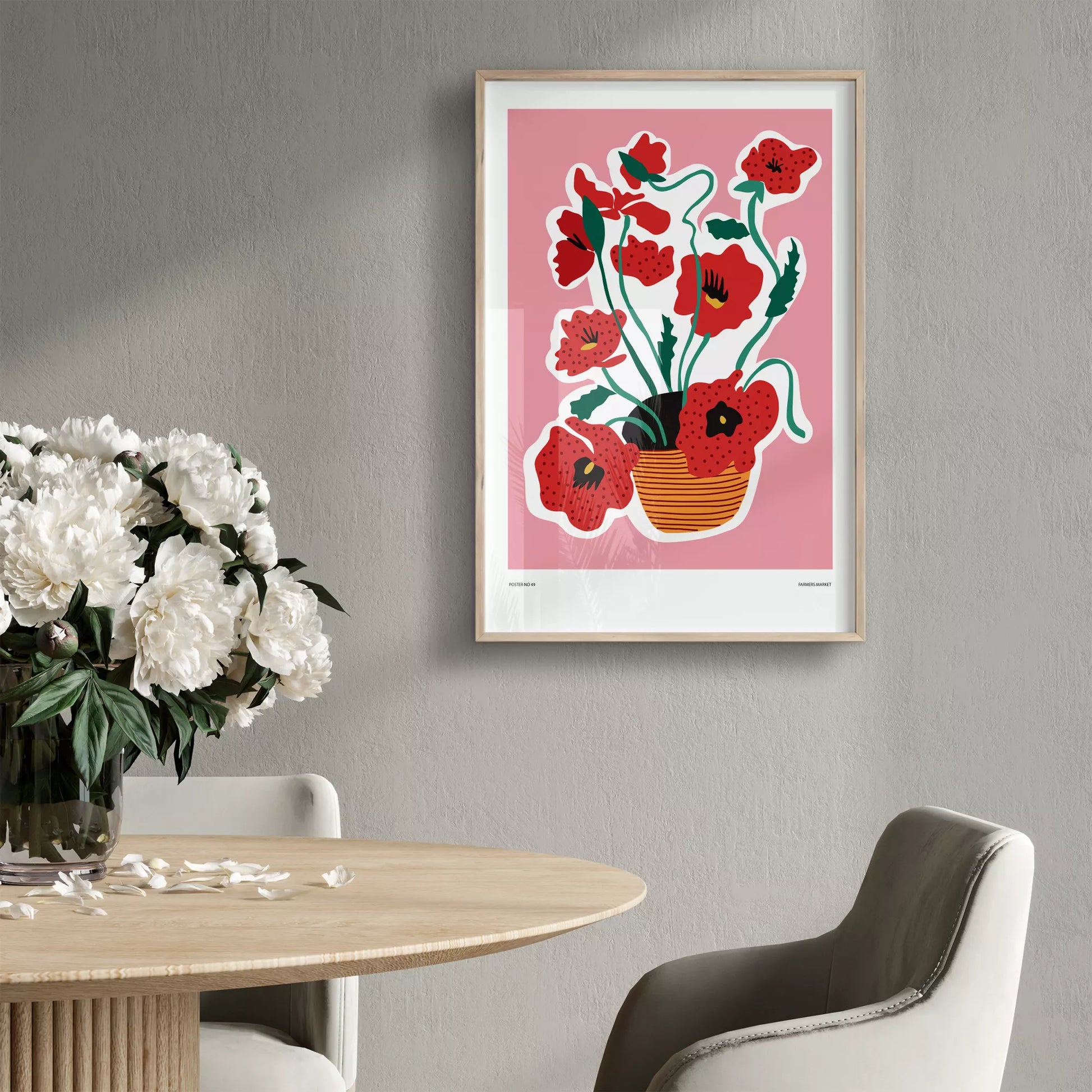 北欧デザインの赤い花ボタニカルアートポスター ピンク背景 ポップモダン