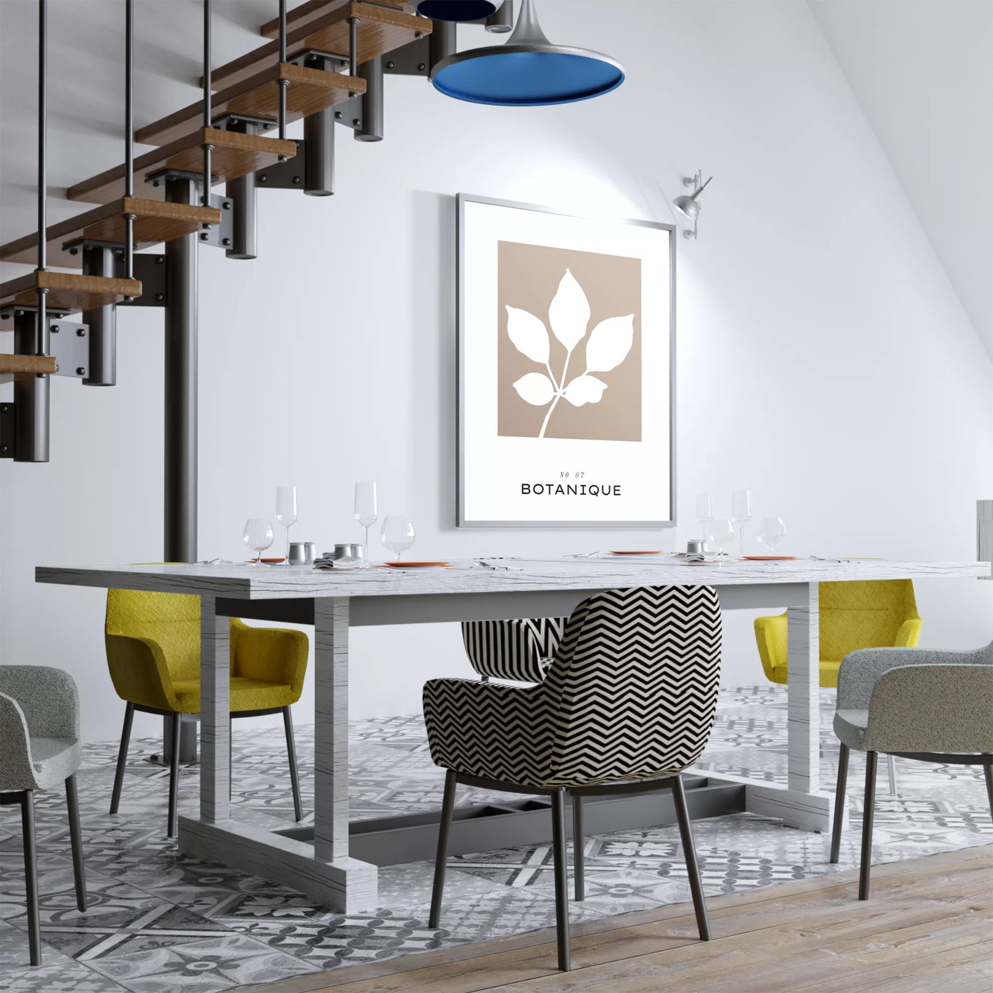 北欧デザインのボタニカル葉と実のシルエット アートポスター グレージュ