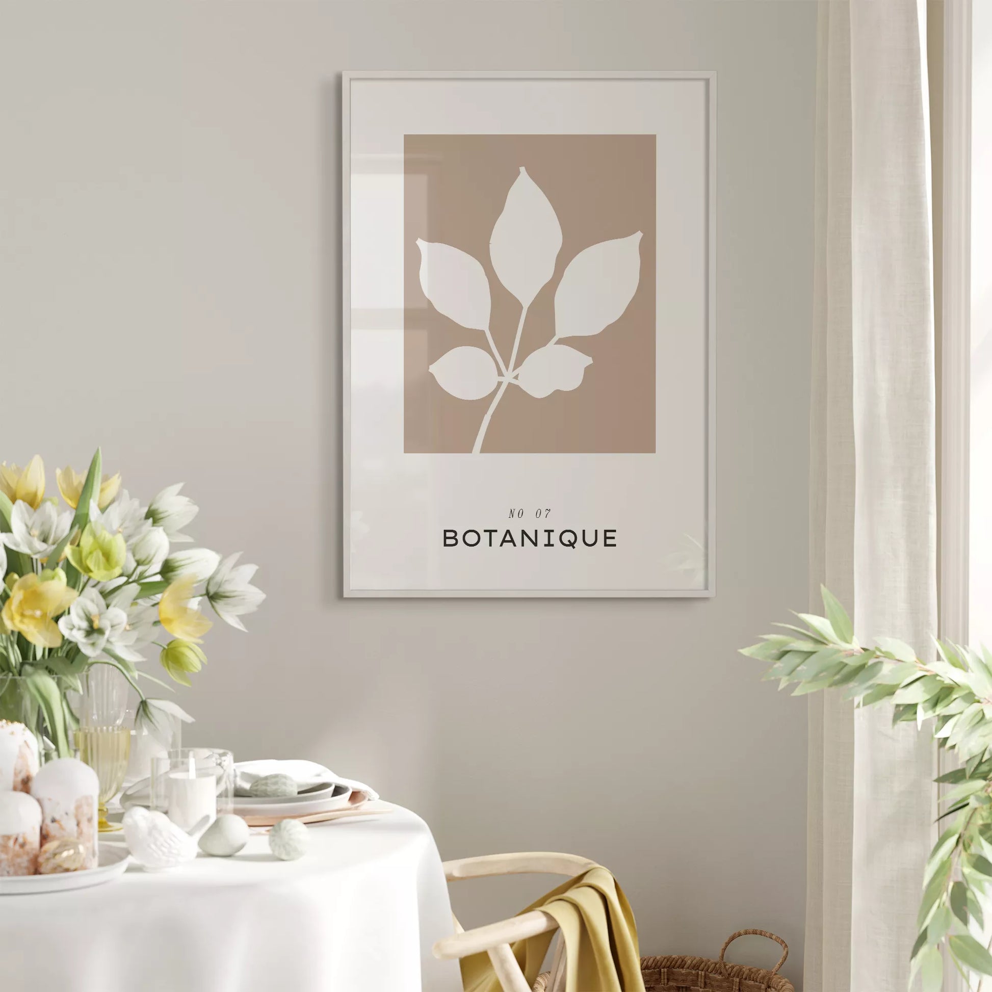 北欧デザインのボタニカル葉と実のシルエット アートポスター グレージュ