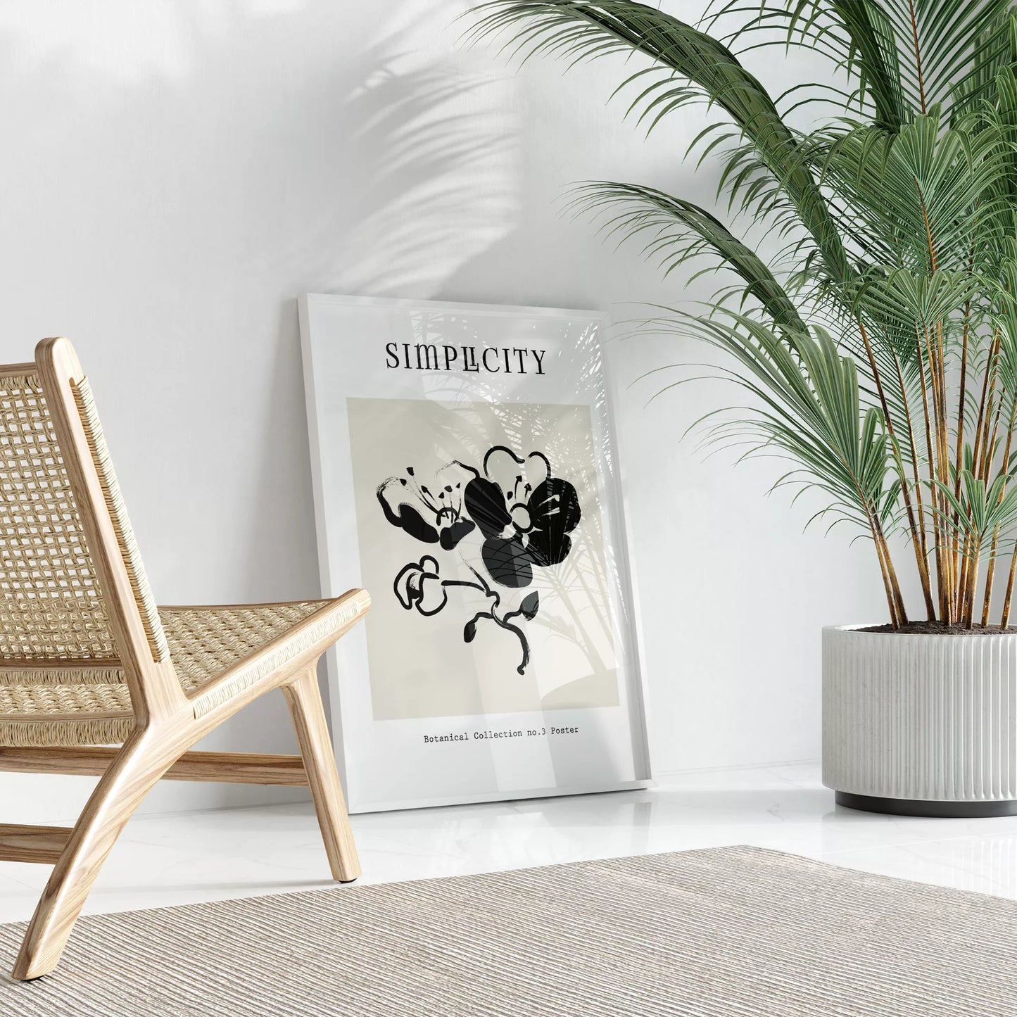 シンプルな筆致で描かれたモノクロの蘭の花のミニマルアート