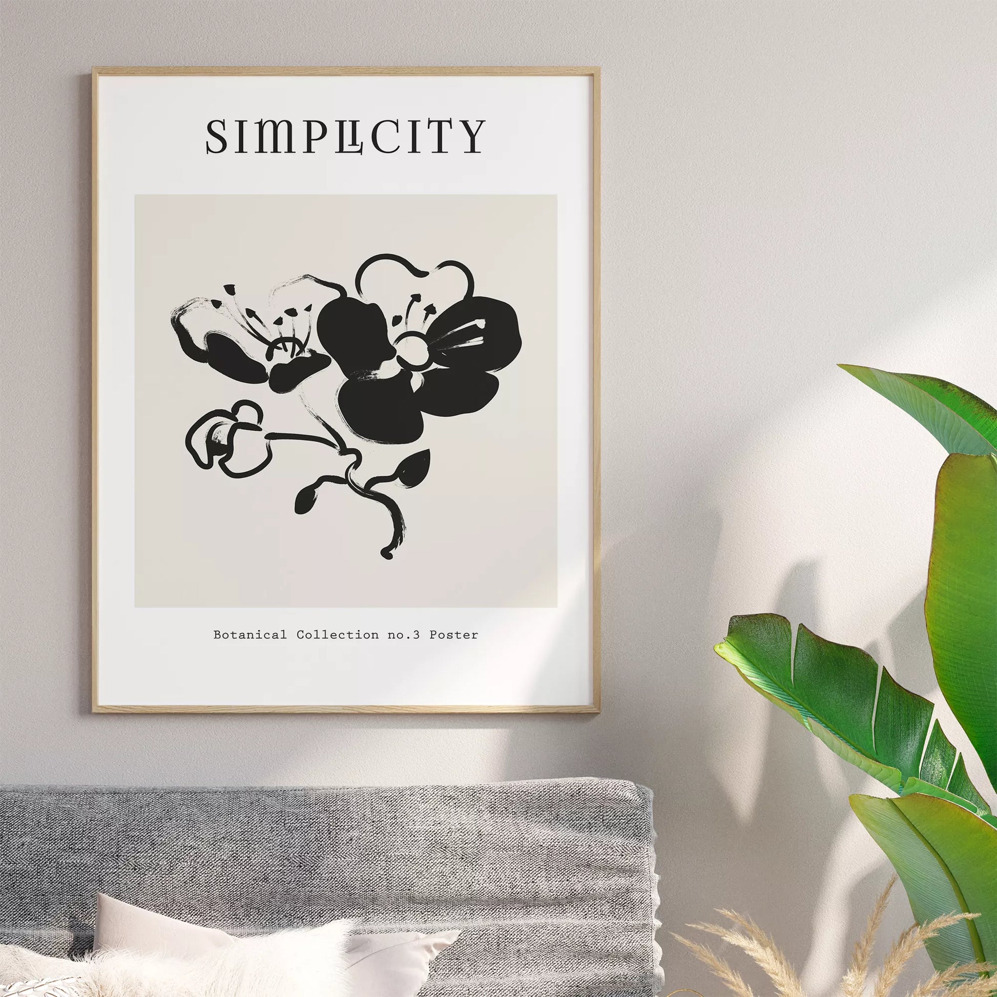 シンプルな筆致で描かれたモノクロの蘭の花のミニマルアート