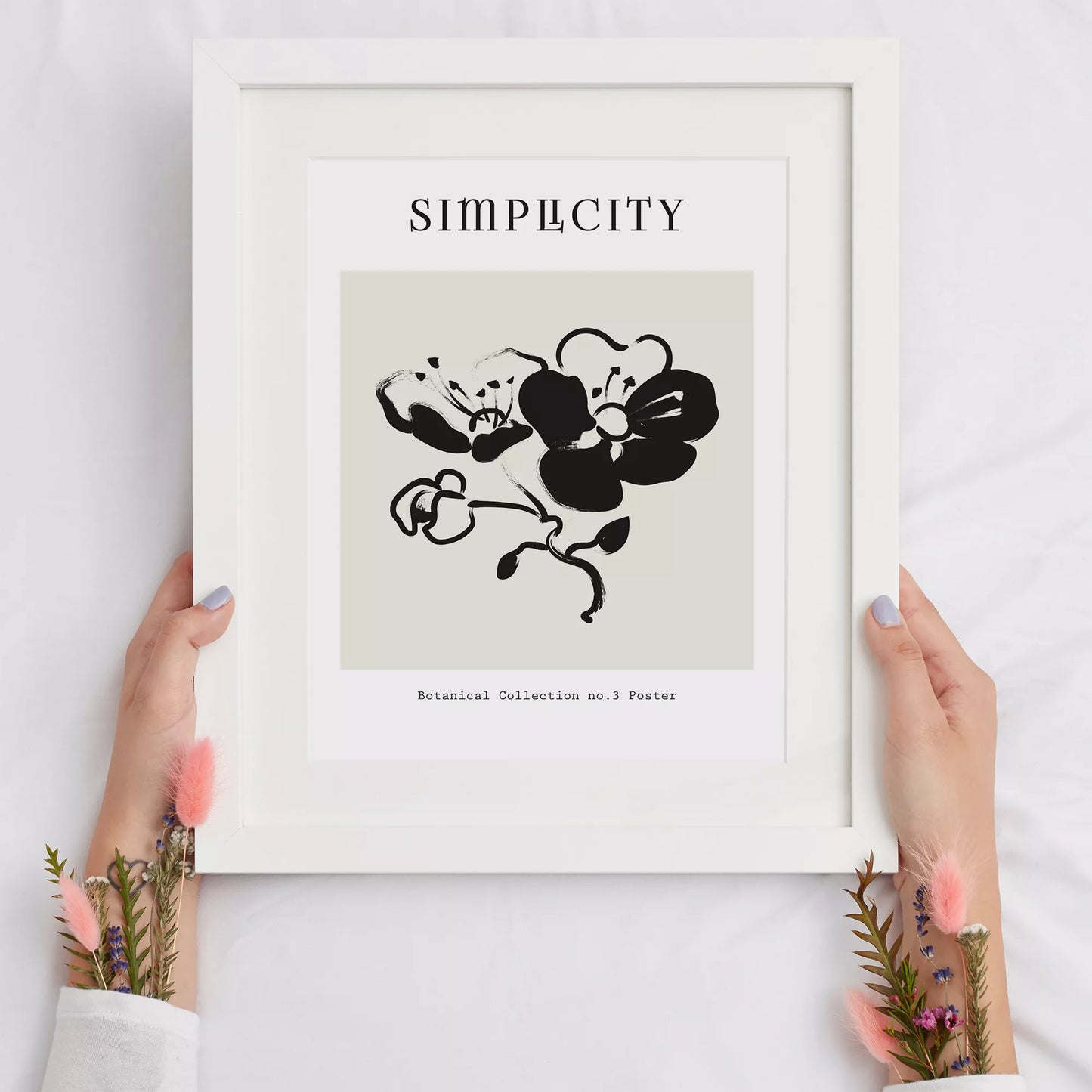 シンプルな筆致で描かれたモノクロの蘭の花のミニマルアート