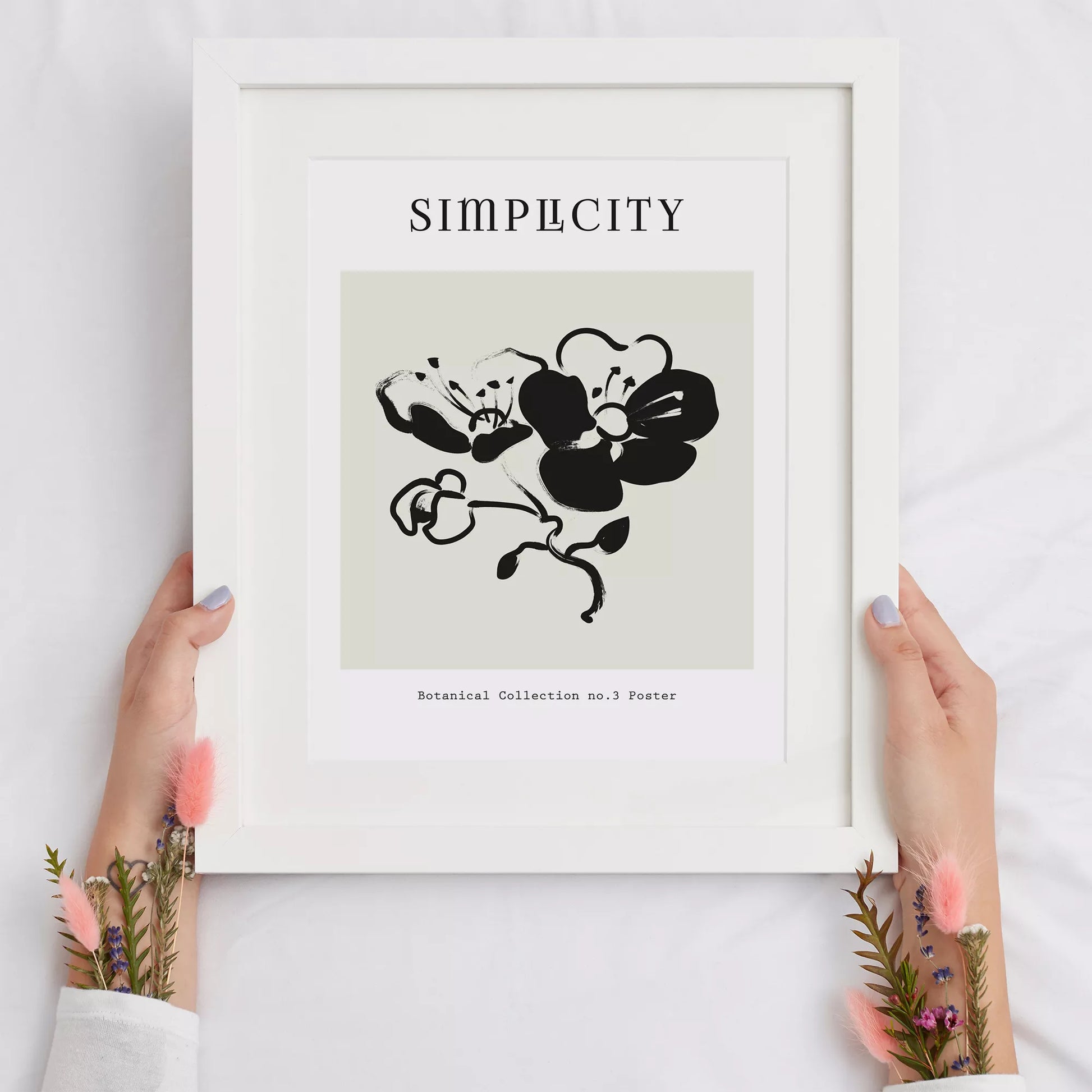 シンプルな筆致で描かれたモノクロの蘭の花のミニマルアート