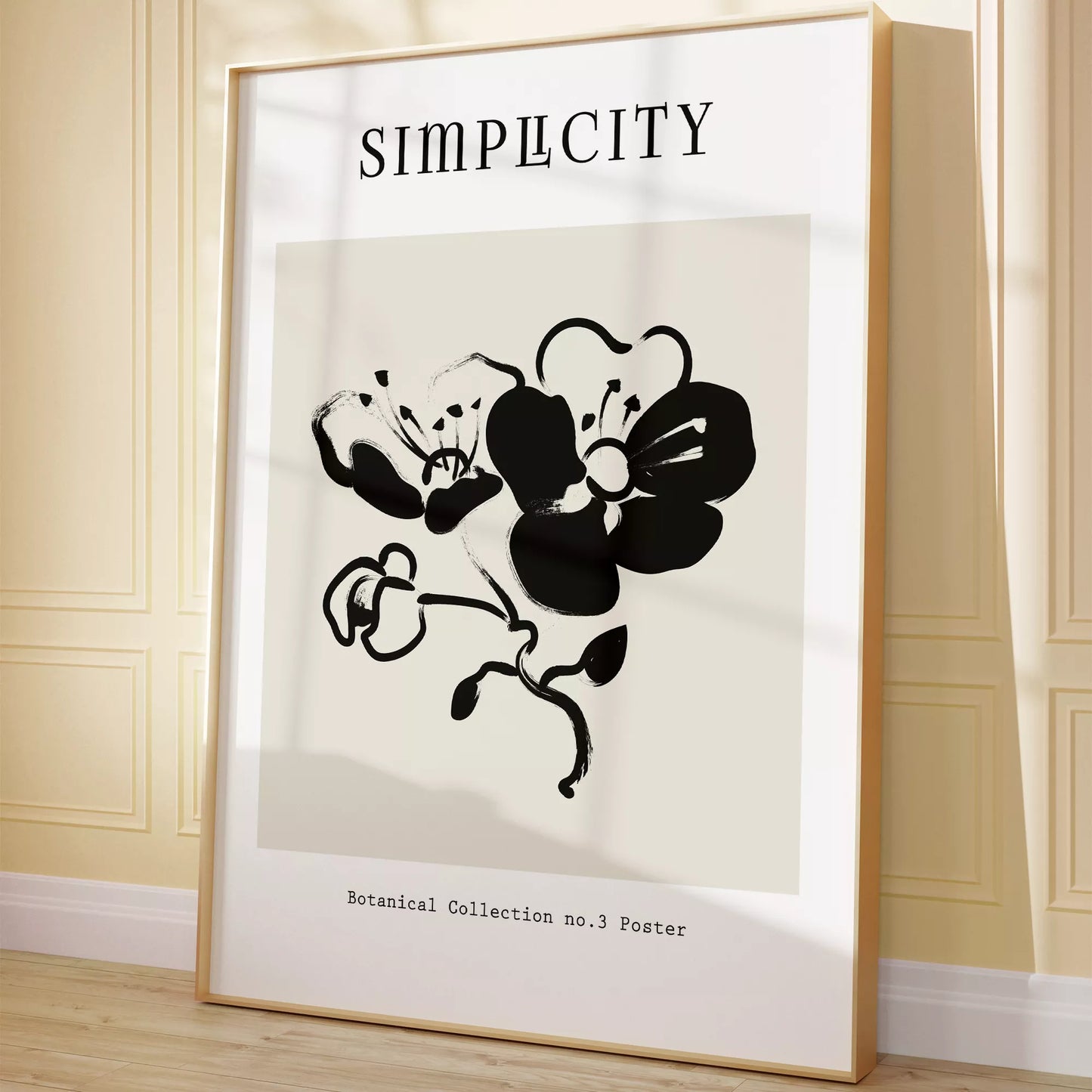 シンプルな筆致で描かれたモノクロの蘭の花のミニマルアート