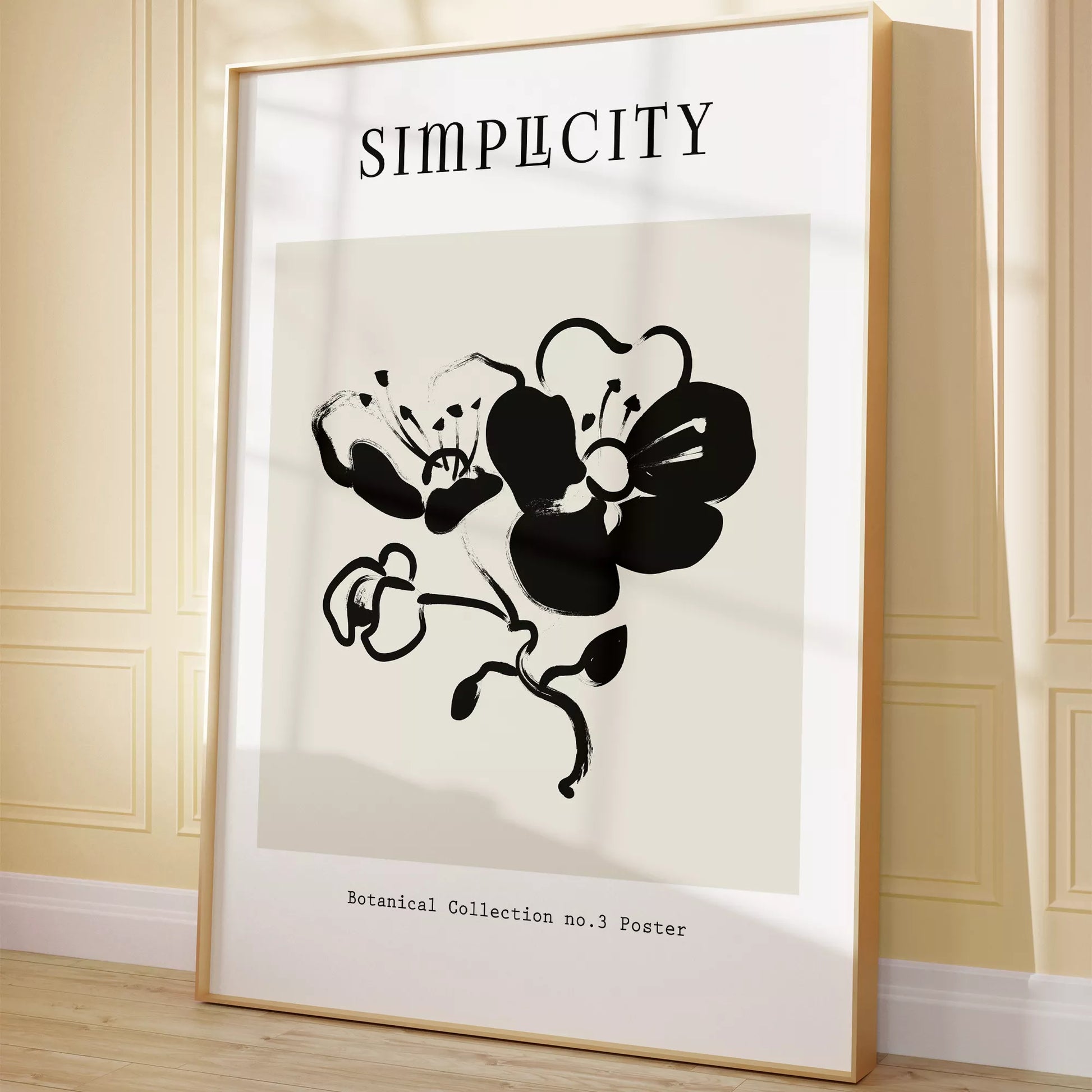 シンプルな筆致で描かれたモノクロの蘭の花のミニマルアート