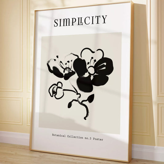シンプルな筆致で描かれたモノクロの蘭の花のミニマルアート