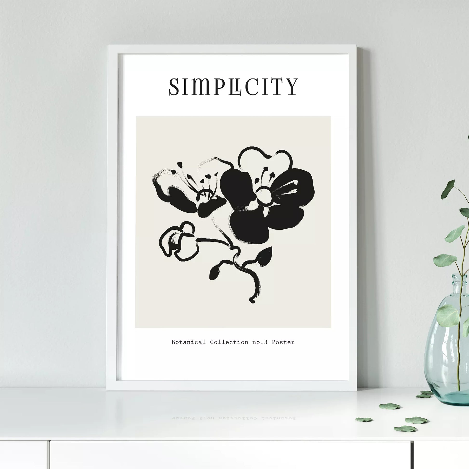 シンプルな筆致で描かれたモノクロの蘭の花のミニマルアート