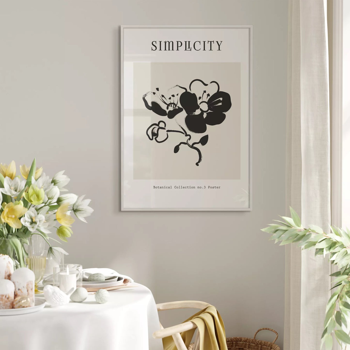 シンプルな筆致で描かれたモノクロの蘭の花のミニマルアート