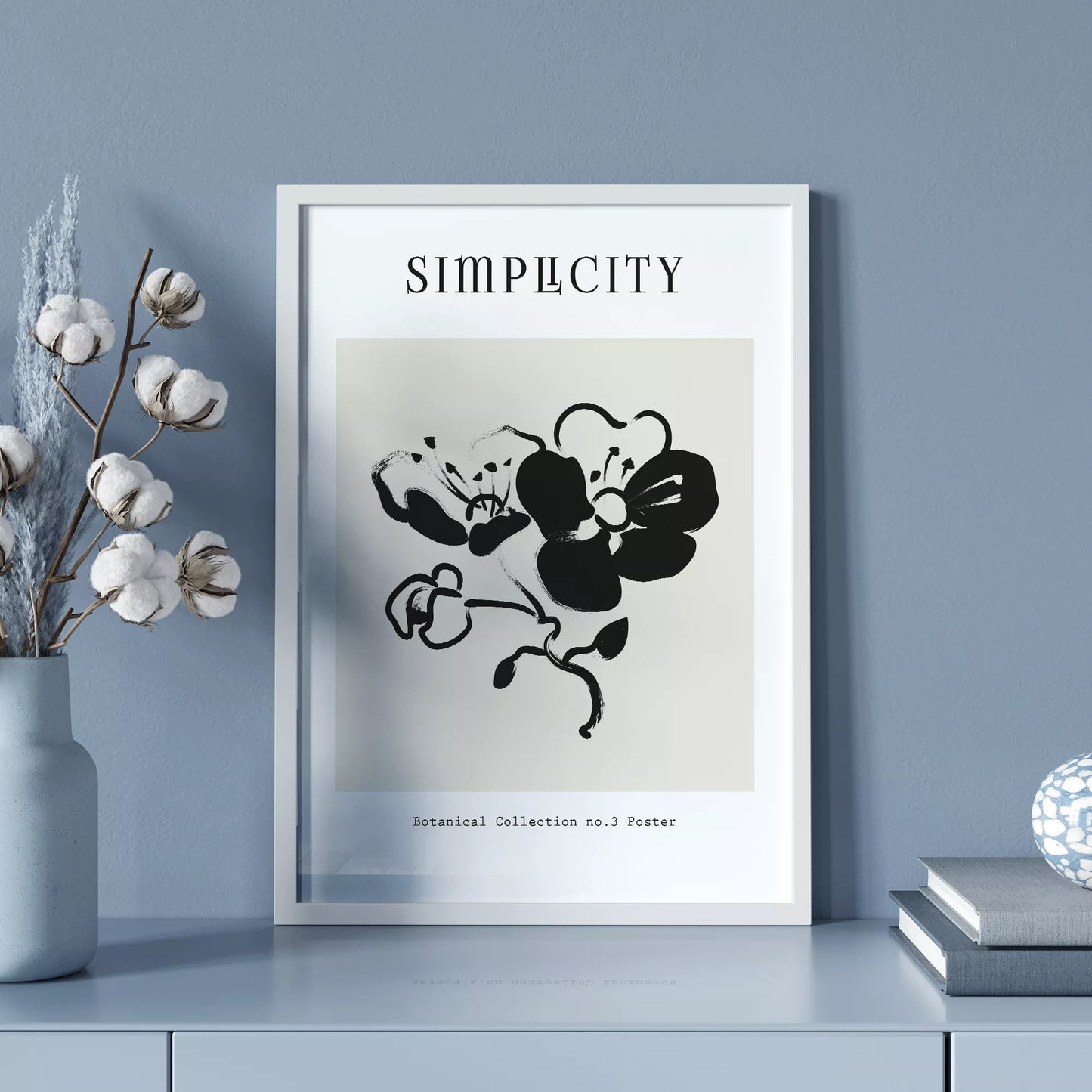 シンプルな筆致で描かれたモノクロの蘭の花のミニマルアート