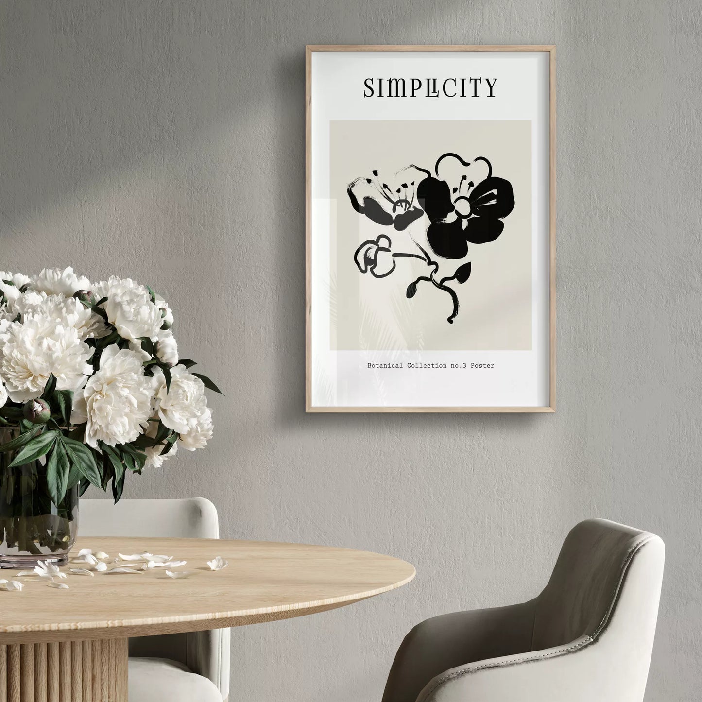 シンプルな筆致で描かれたモノクロの蘭の花のミニマルアート