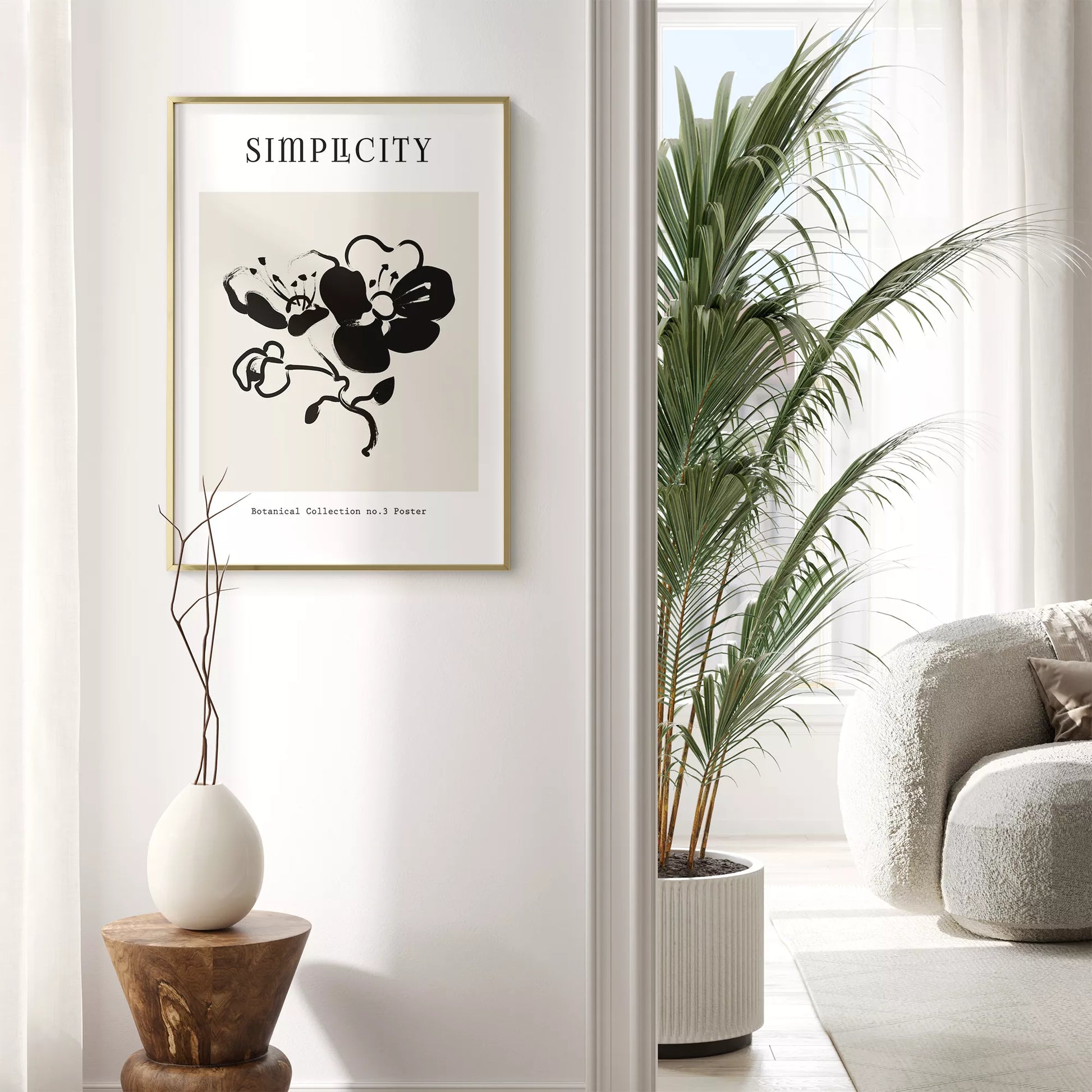 シンプルな筆致で描かれたモノクロの蘭の花のミニマルアート