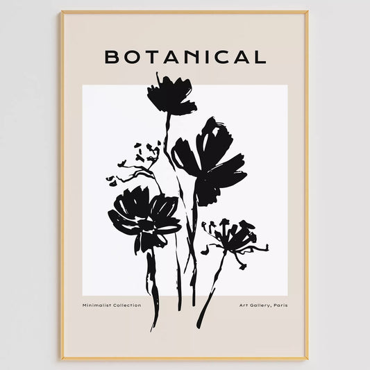 モノクロで描かれた北欧風ミニマルな花のアートポスター