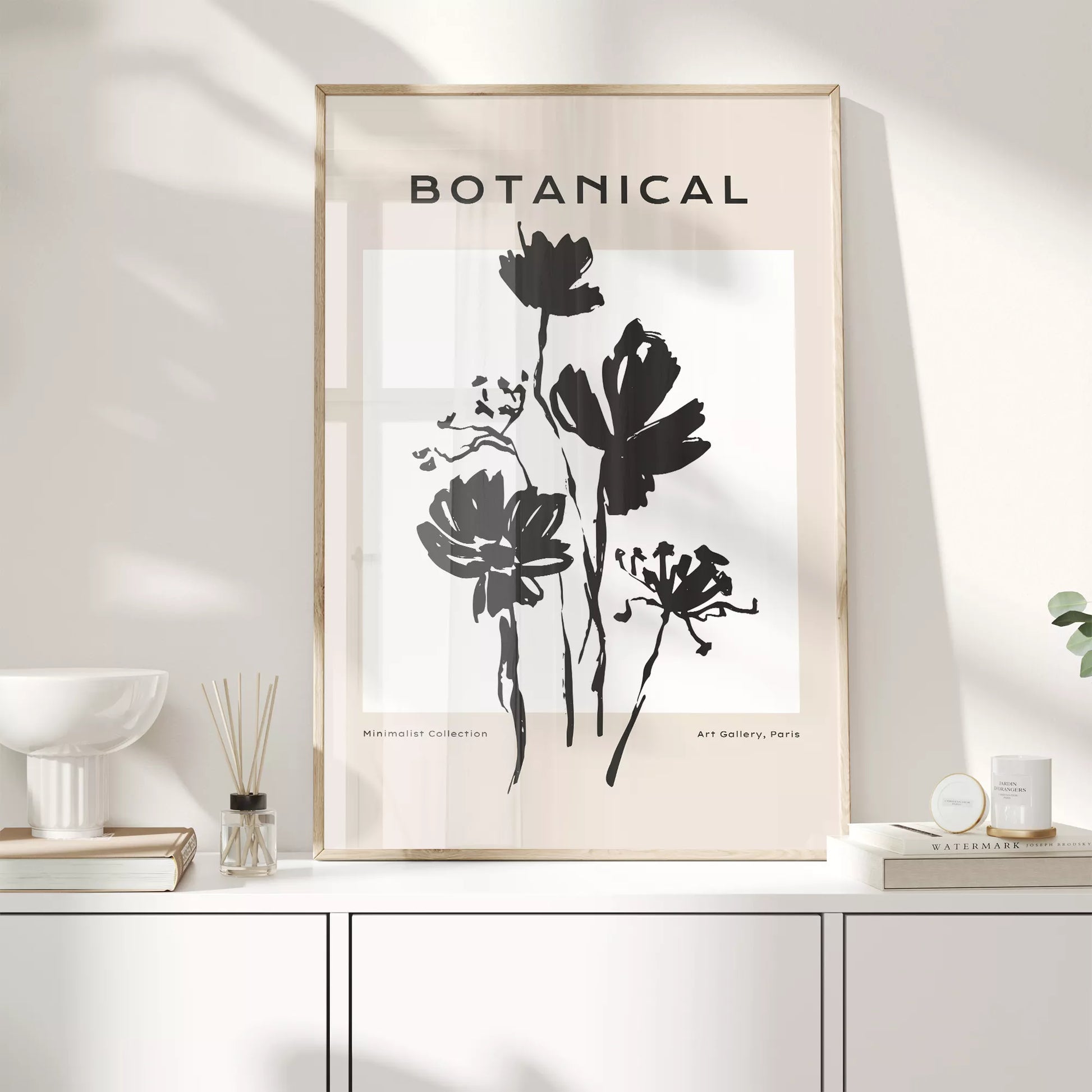 モノクロで描かれた北欧風ミニマルな花のアートポスター