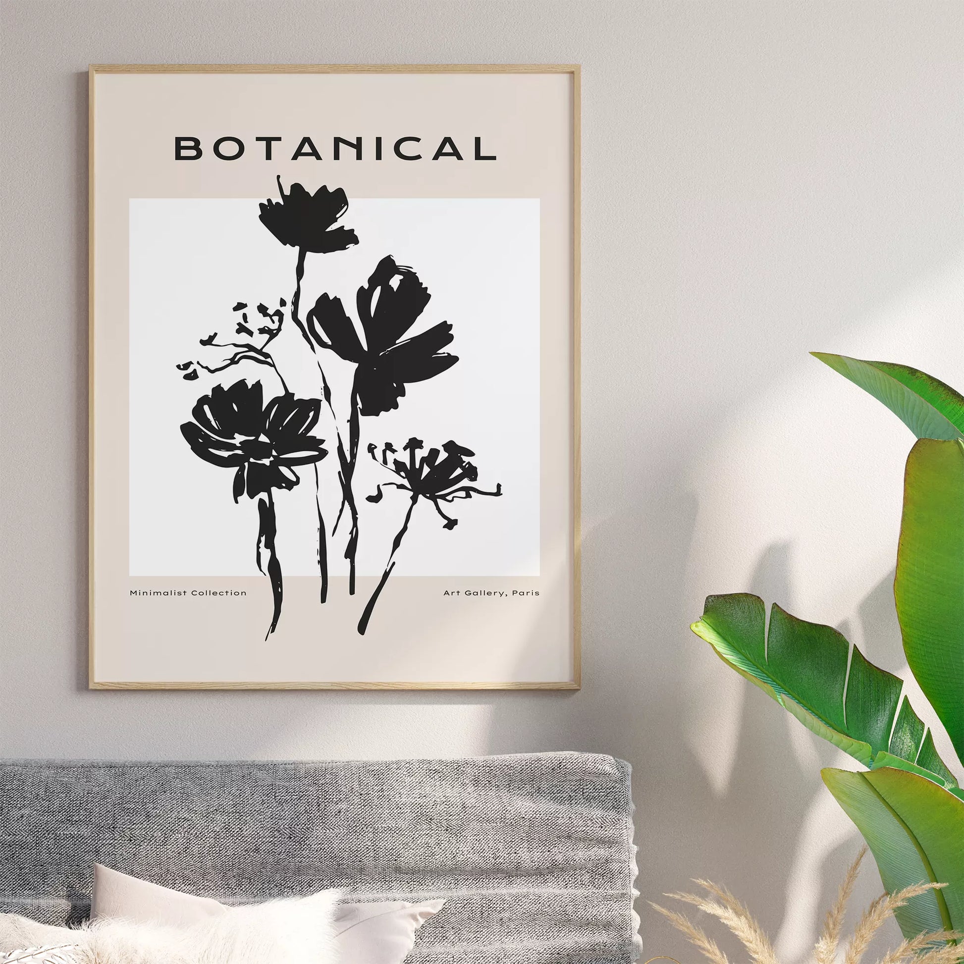 モノクロで描かれた北欧風ミニマルな花のアートポスター